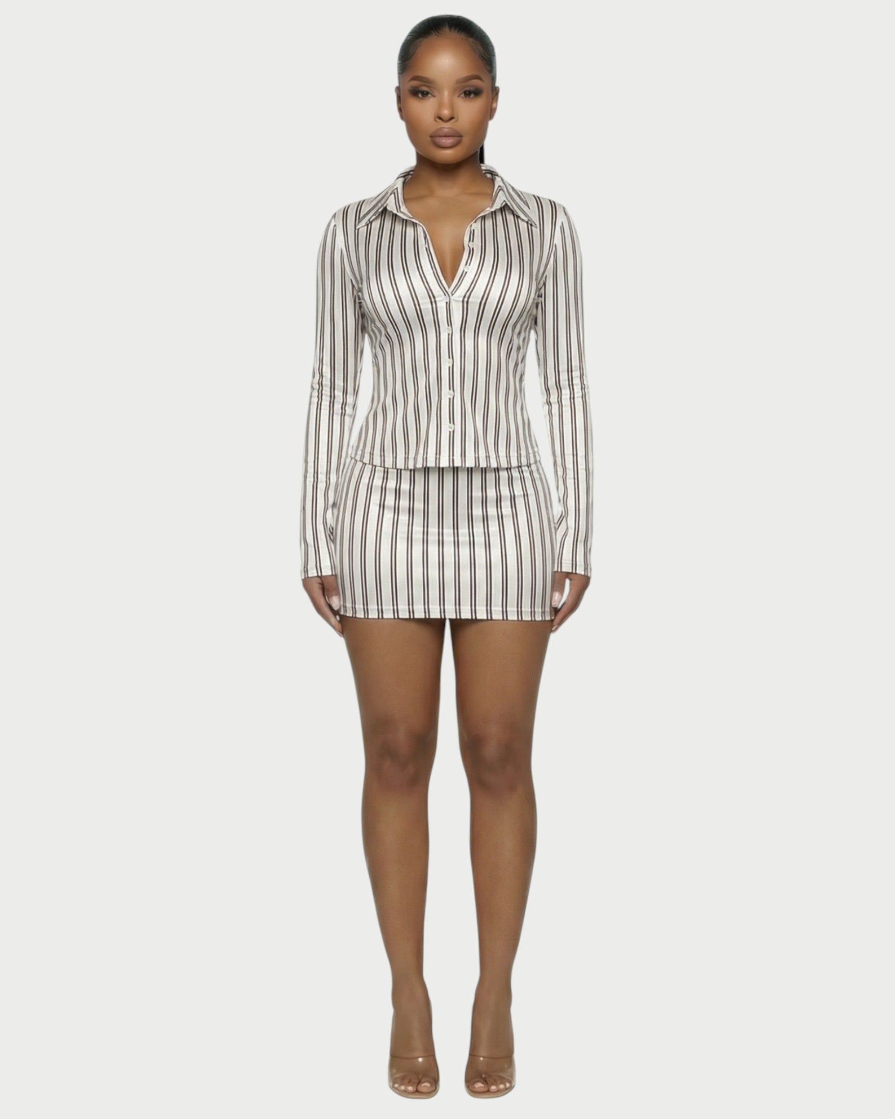 AVENYA Striped Long-Sleeved Shirt & Mini Skirt Set