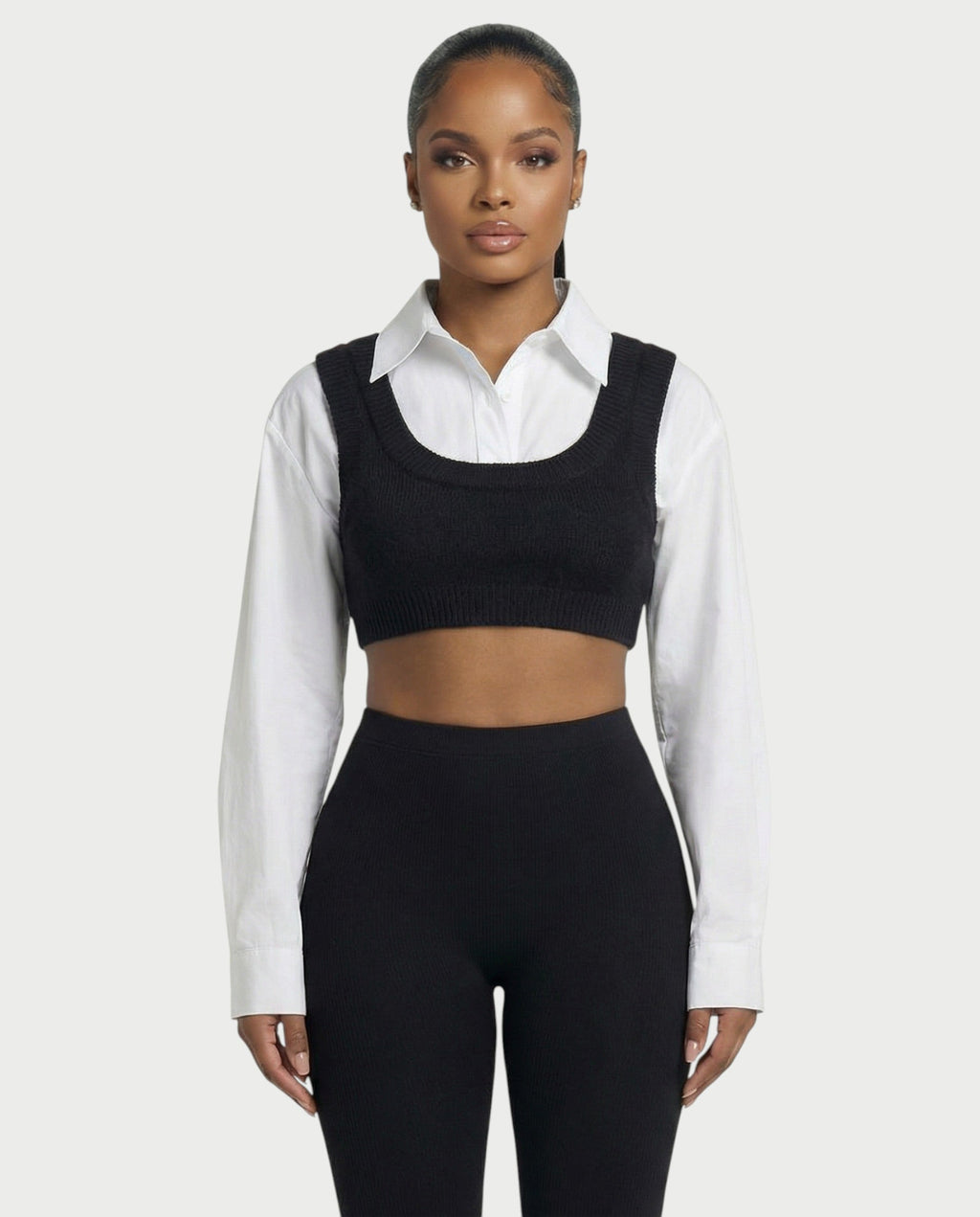 SARIEL Striped Long Sleeve Shirt & Knit Crop Top Set
