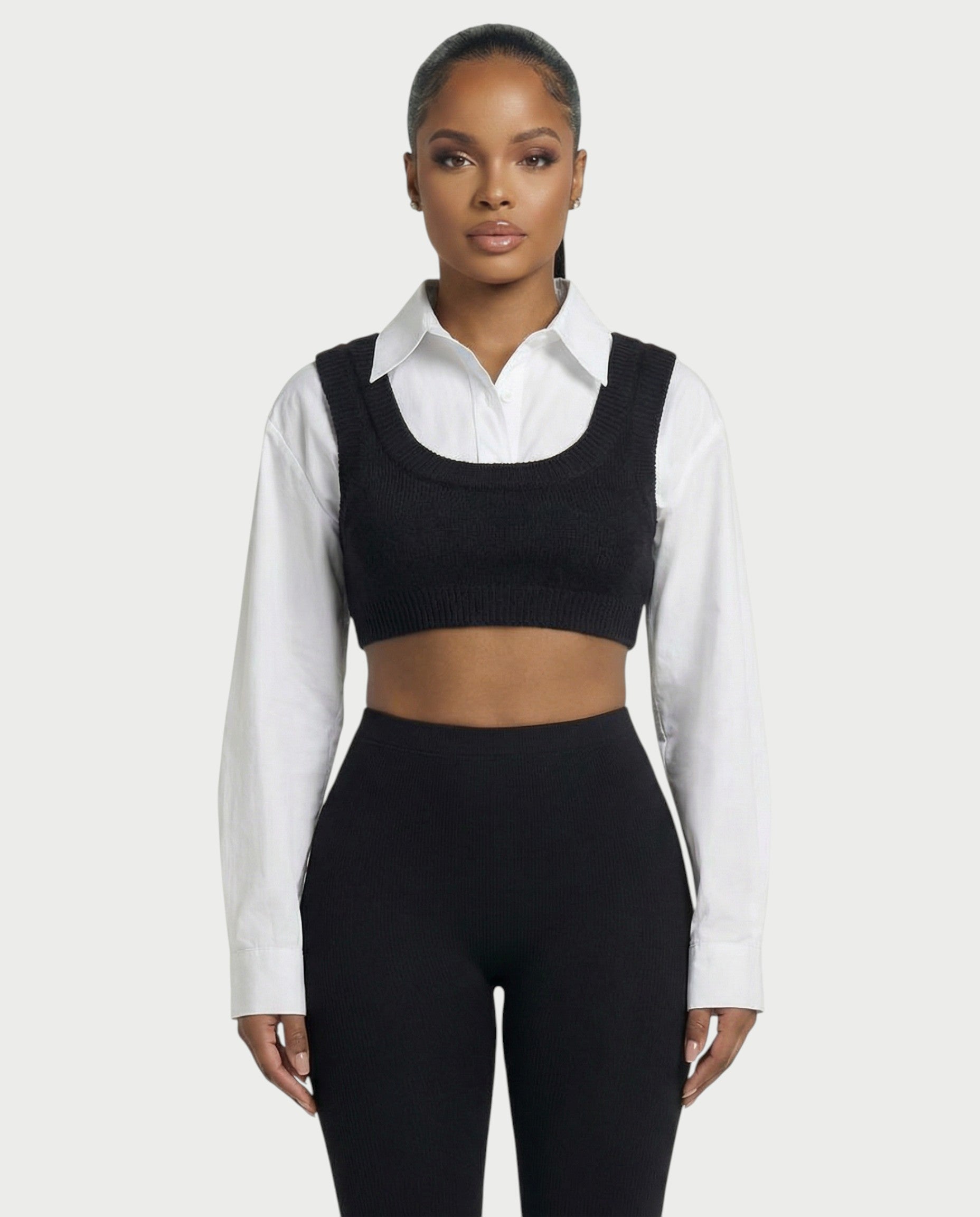 SARIEL Striped Long Sleeve Shirt & Knit Crop Top Set