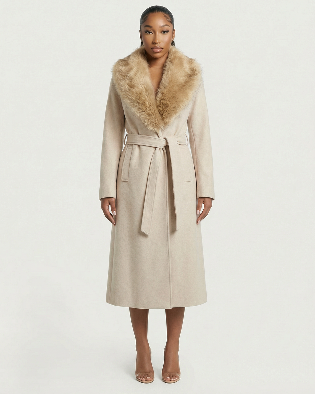 FLORINA Faux Fur Collar Wool Trench Coat