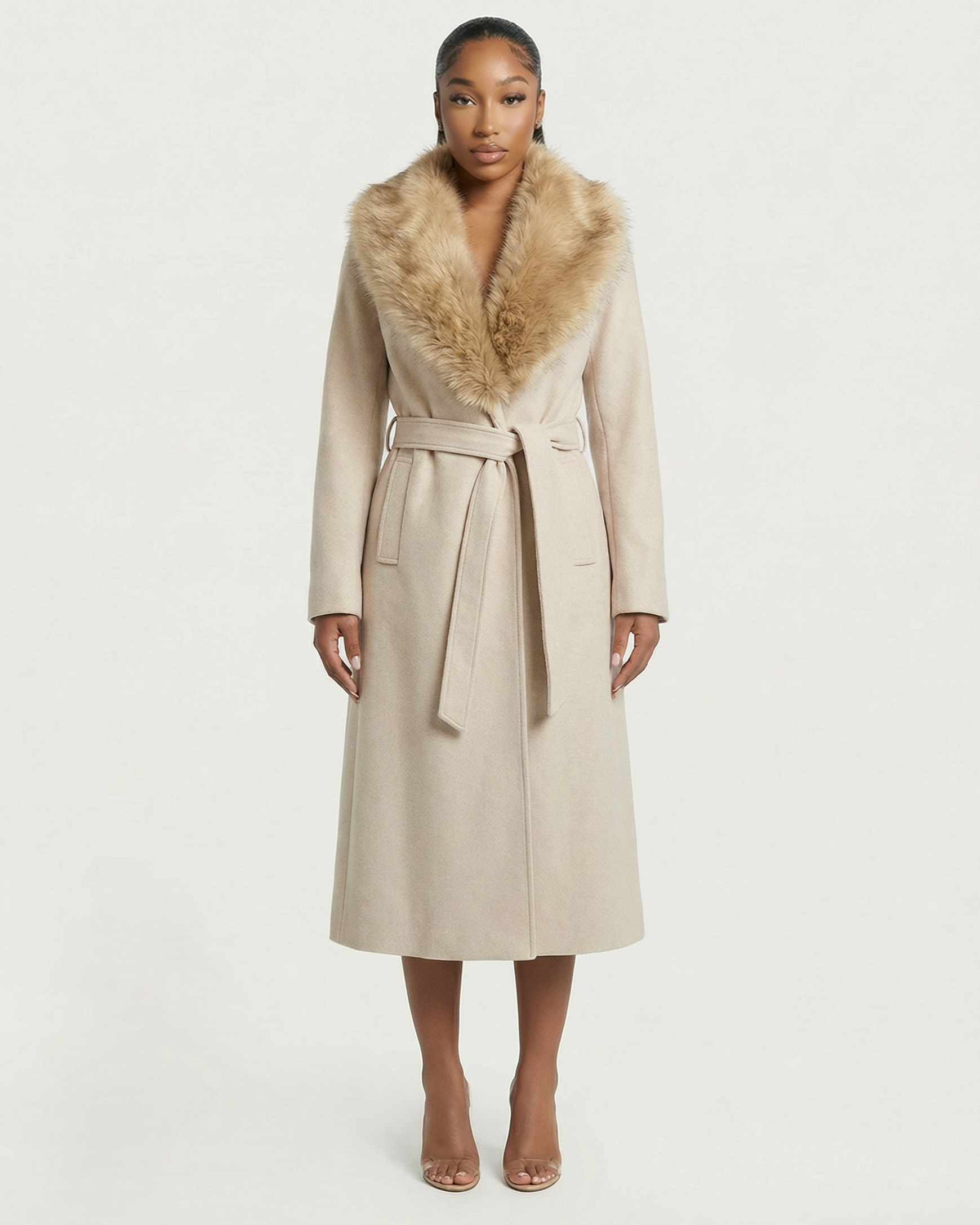 FLORINA Faux Fur Collar Wool Trench Coat