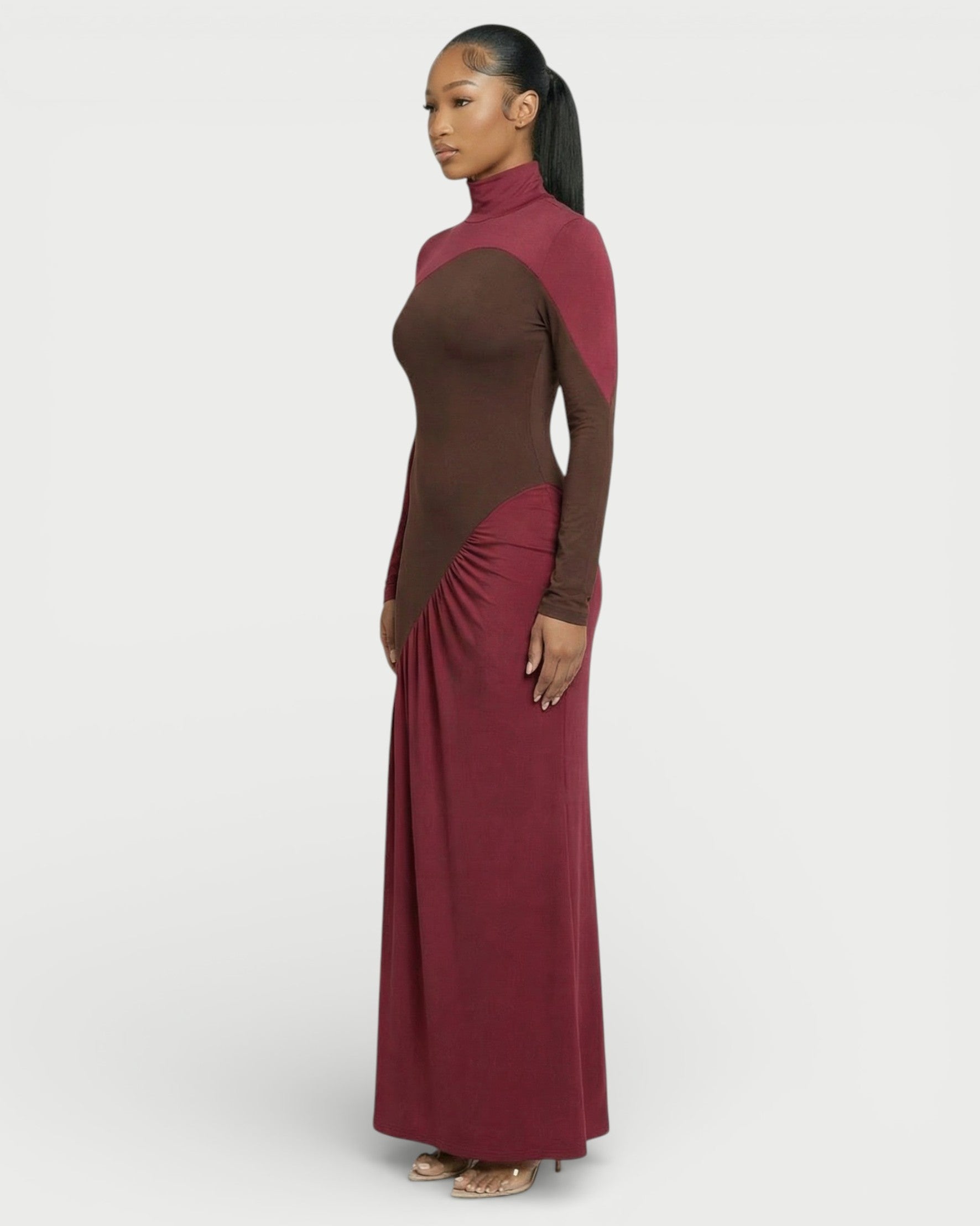 ANINA Contrast Panel Long-Sleeve Maxi Dress