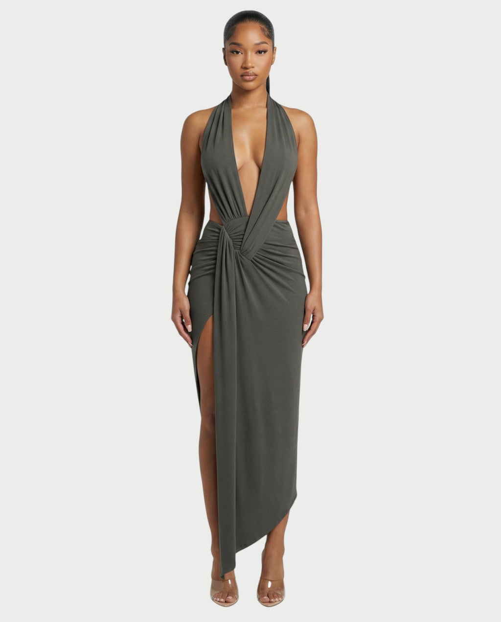 ORLAYA Deep Plunge Halter High-Slit Maxi Dress