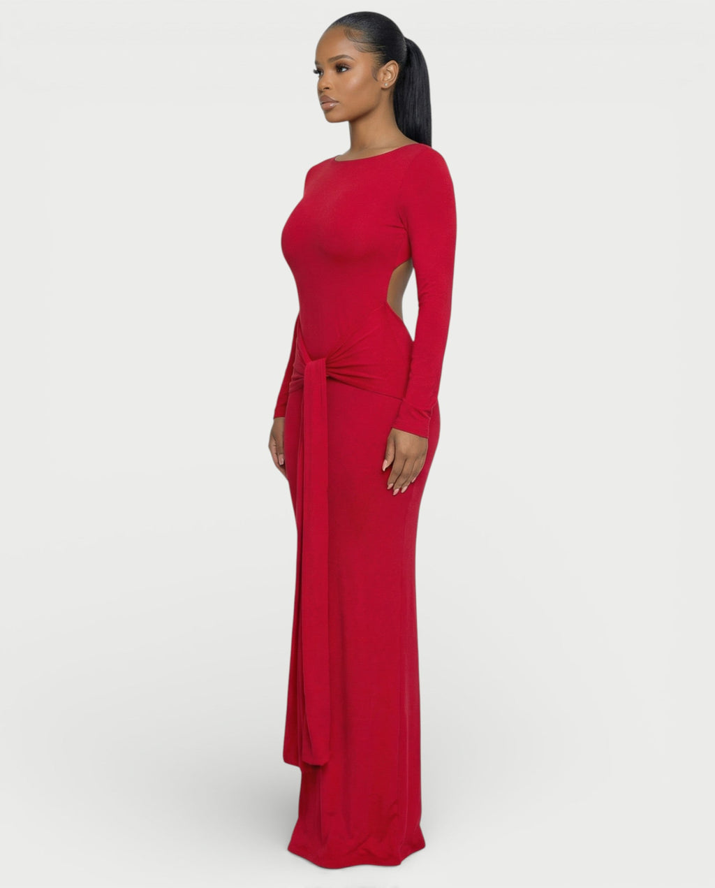 RENNA Draped Front Knot Backless Maxi Dress