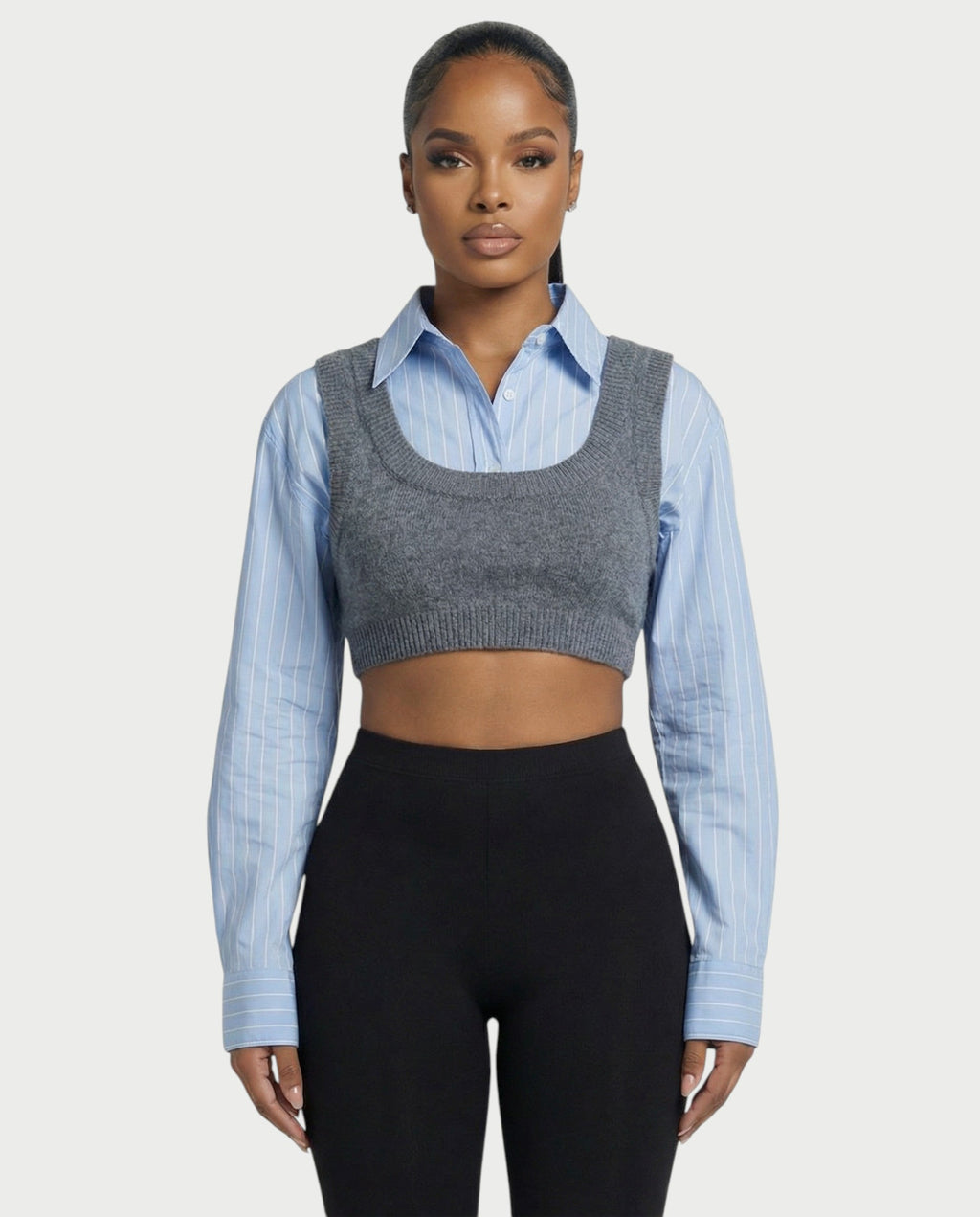 SARIEL Striped Long Sleeve Shirt & Knit Crop Top Set
