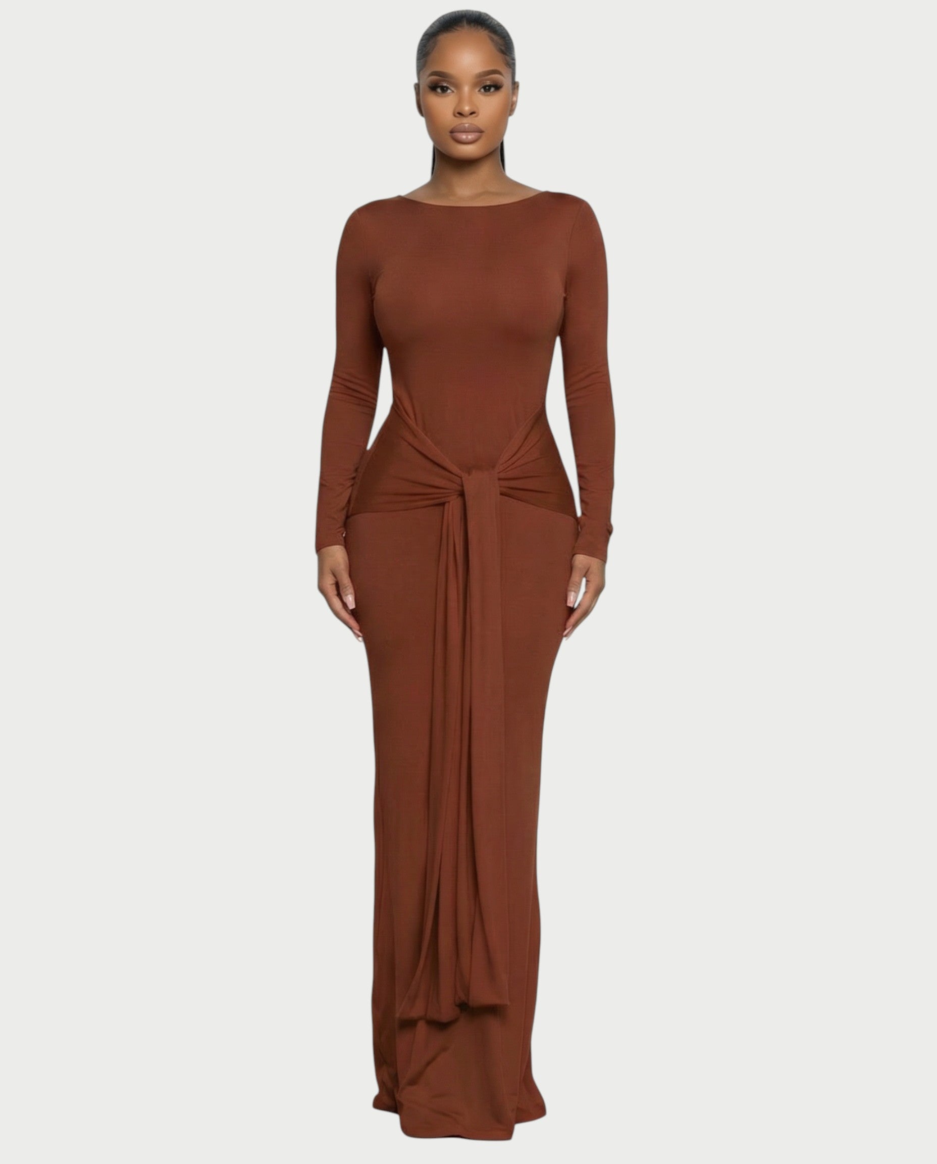 RENNA Draped Front Knot Backless Maxi Dress