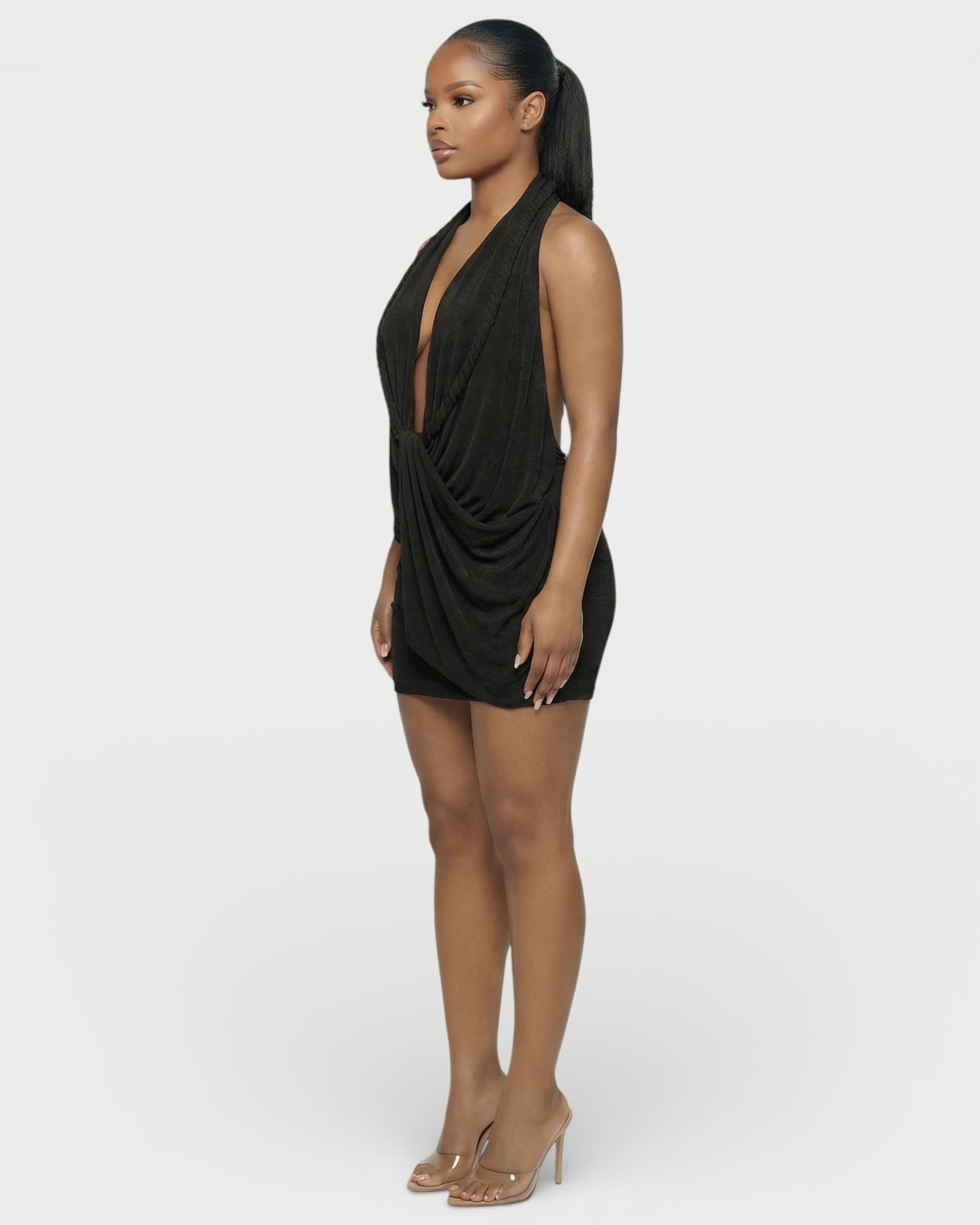 SIONA Rope Trim Draped Halter Mini Dress