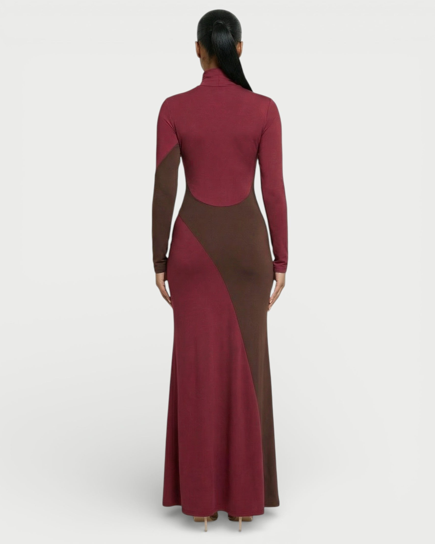 ANINA Contrast Panel Long-Sleeve Maxi Dress
