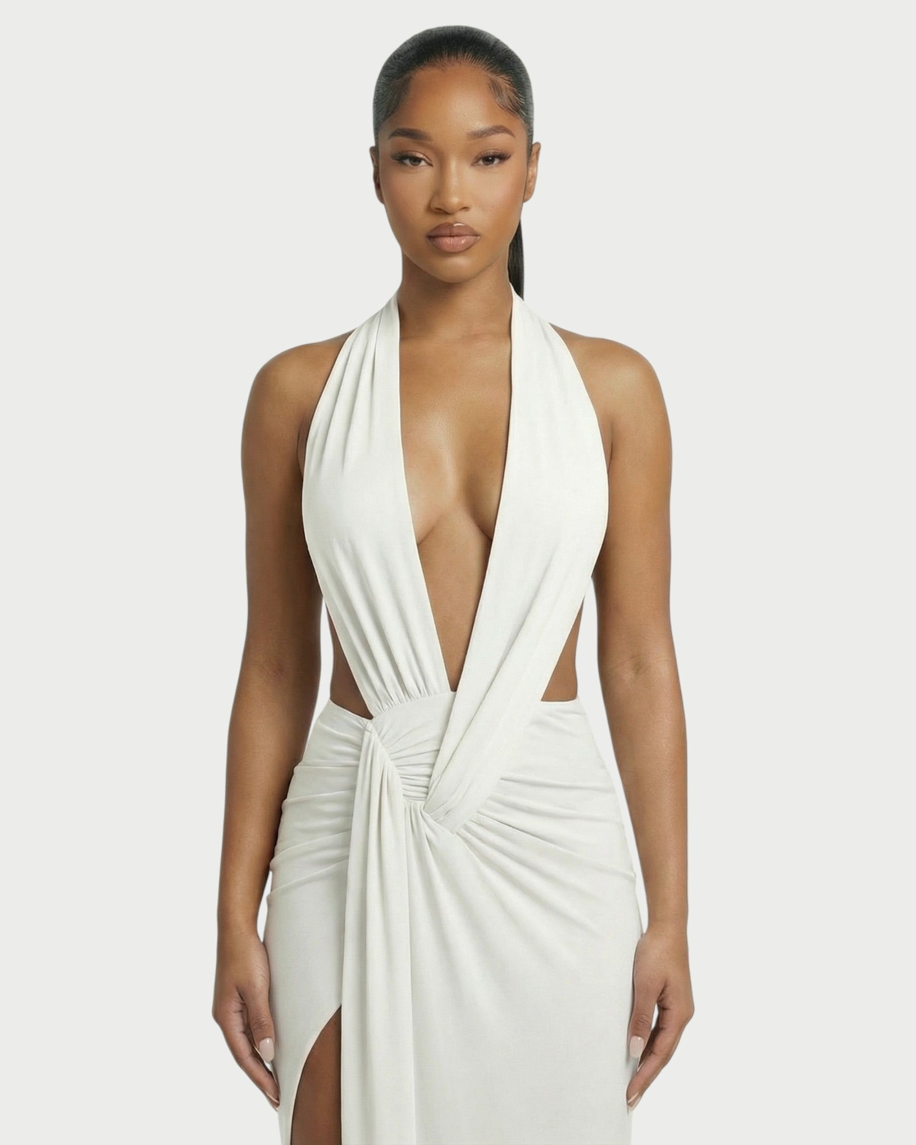 ORLAYA Deep Plunge Halter High-Slit Maxi Dress