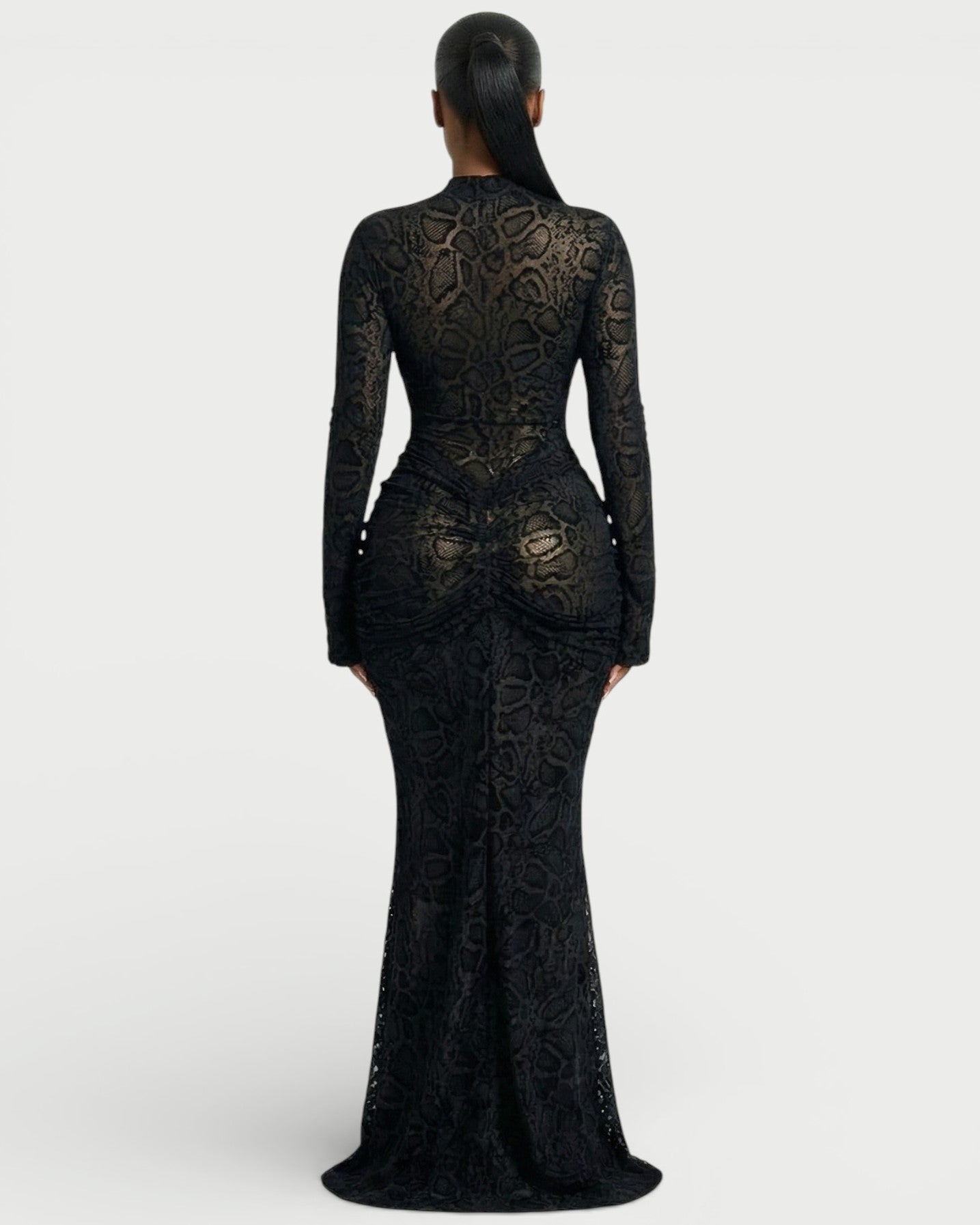 LIYANA Lace Ruched Bell Sleeve Maxi Dress
