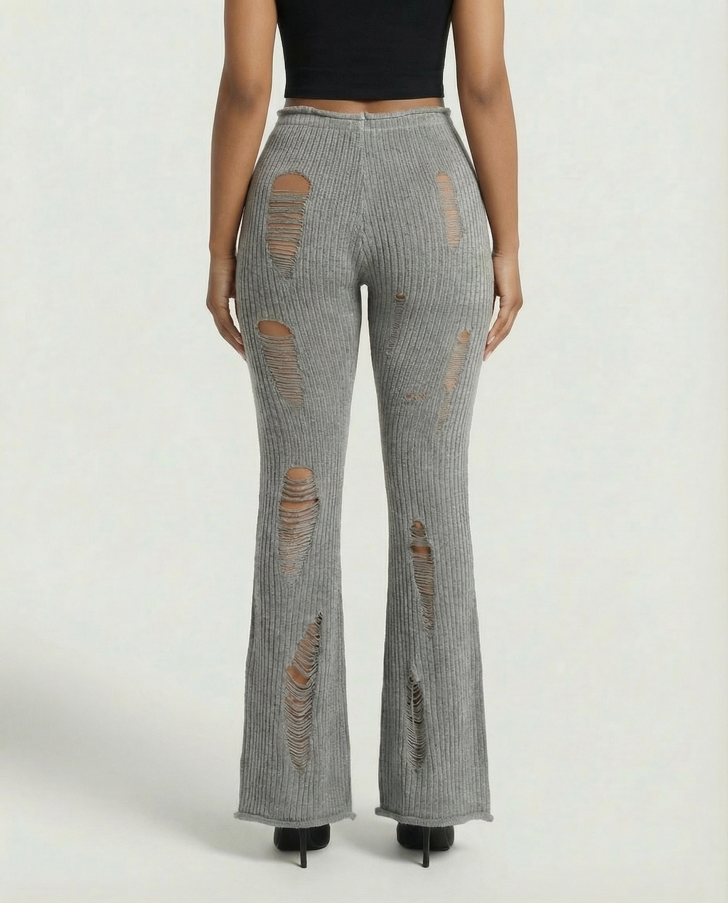 ALOMA Ripped Ribbed Knit Flared Pants