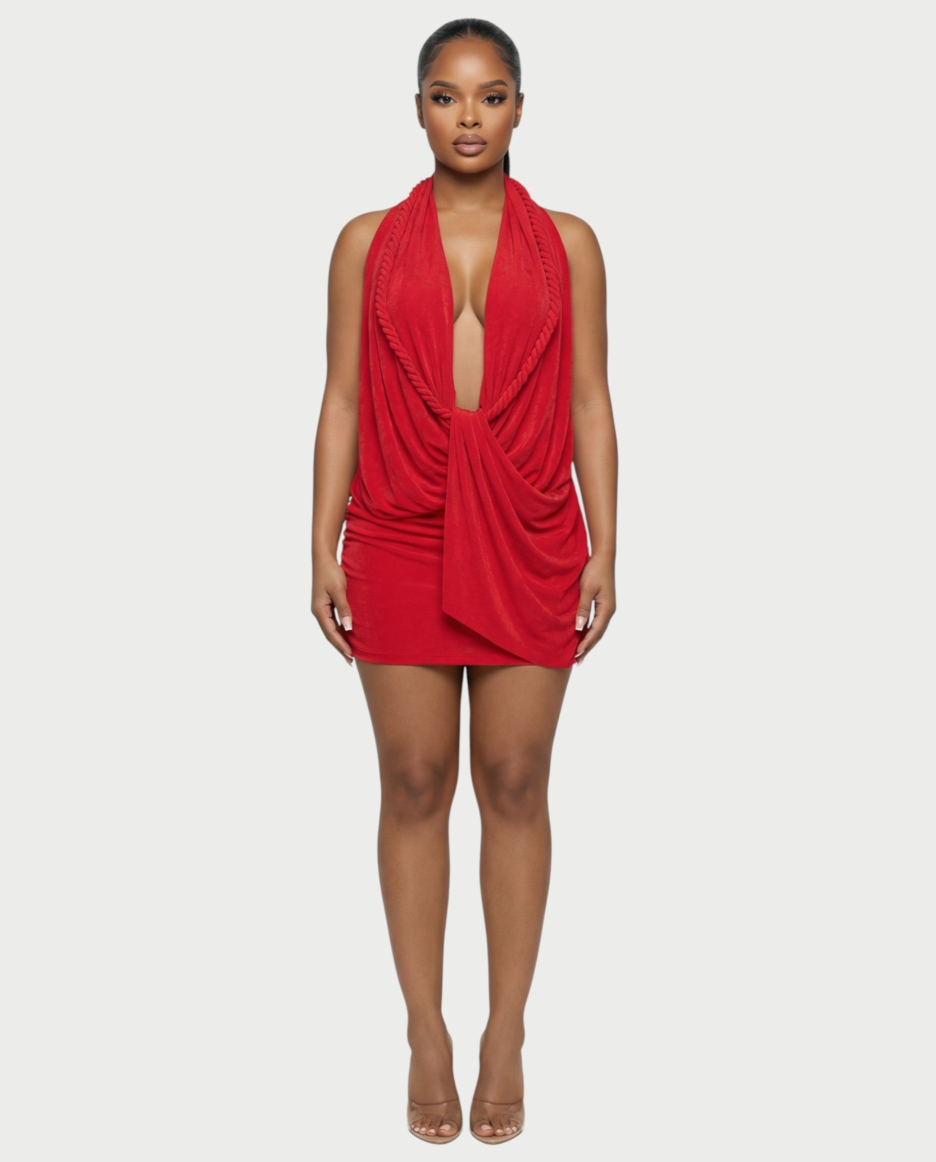 SIONA Rope Trim Draped Halter Mini Dress