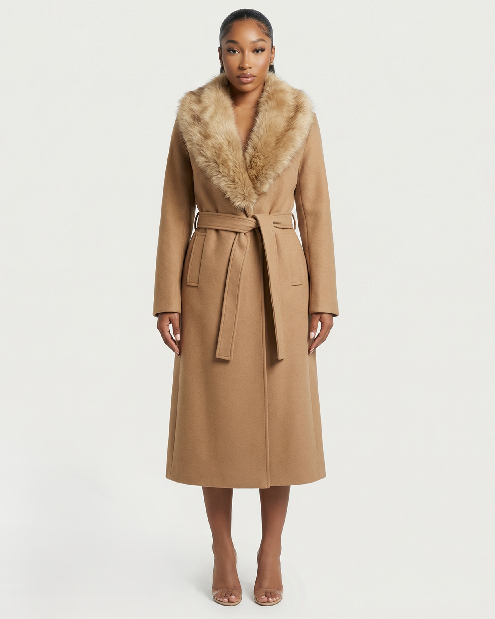FLORINA Faux Fur Collar Wool Trench Coat