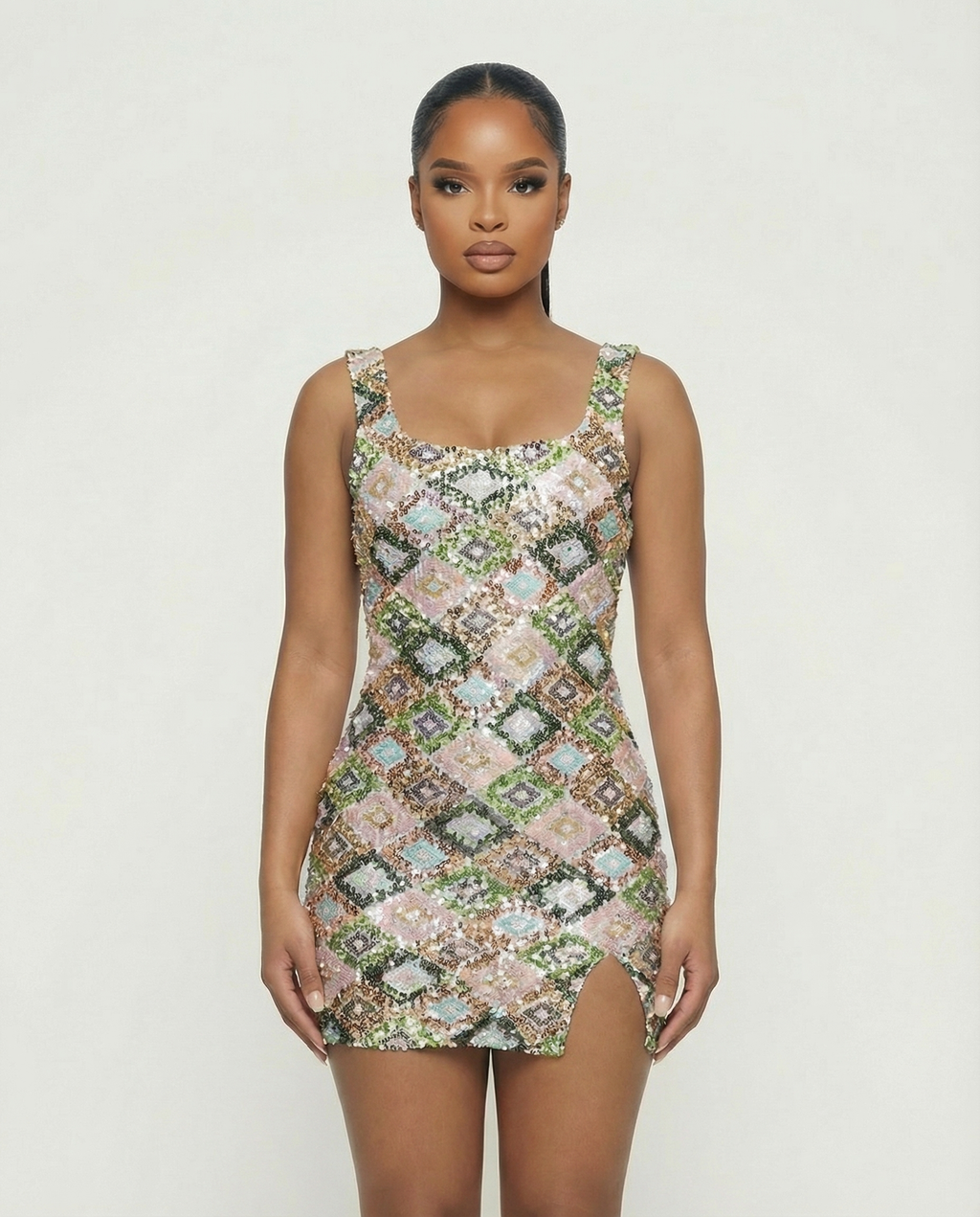 EVARA Geometric Sequin Slit Mini Dress