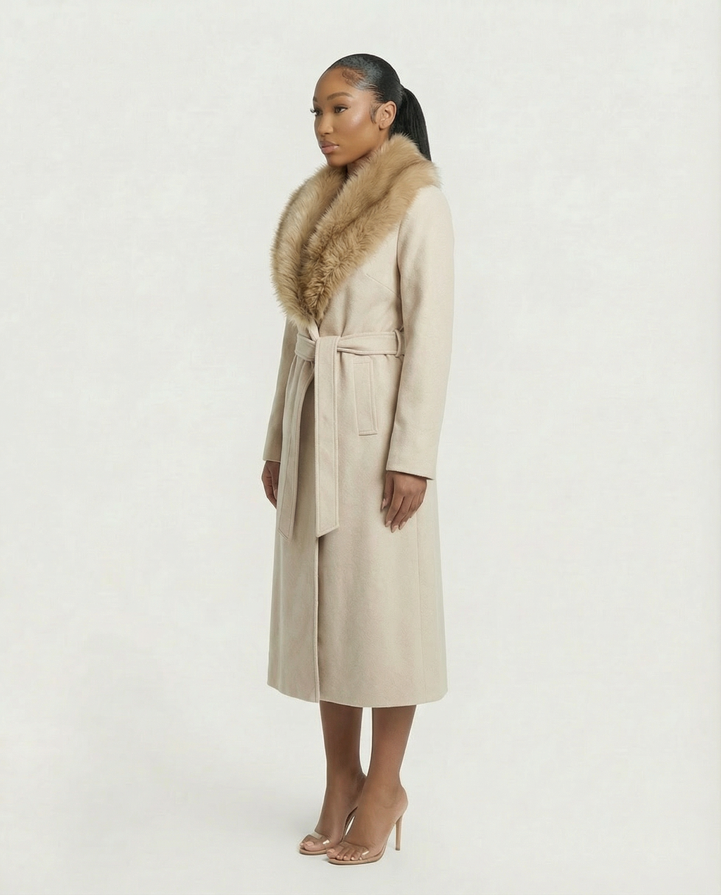 FLORINA Faux Fur Collar Wool Trench Coat