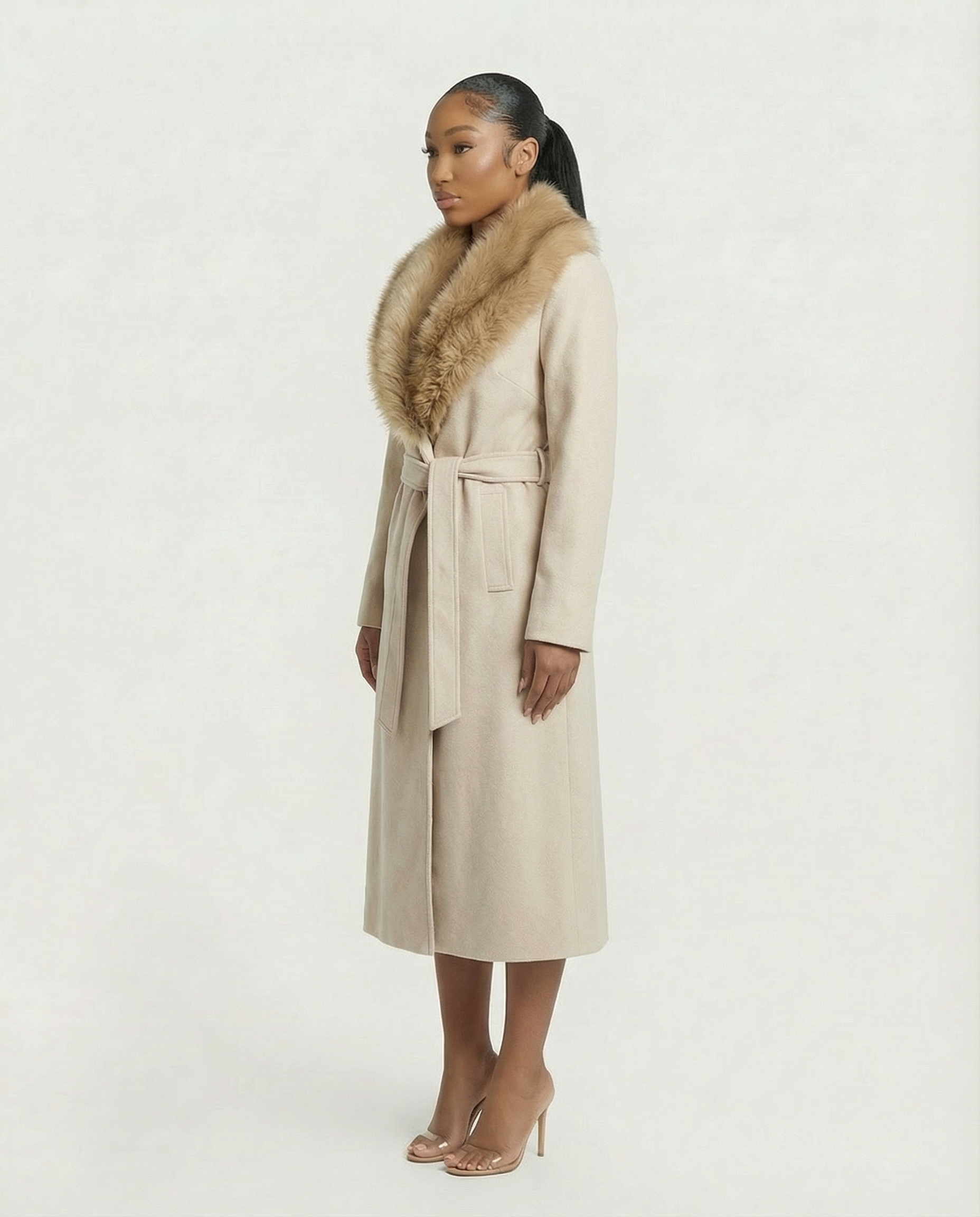 FLORINA Faux Fur Collar Wool Trench Coat
