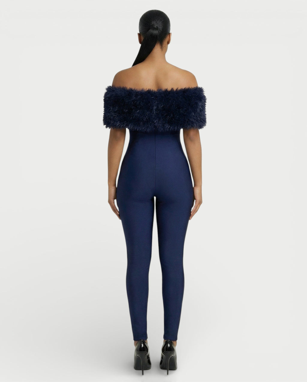 TRINA Off-Shoulder Faux Fur Trim Jumpsuit
