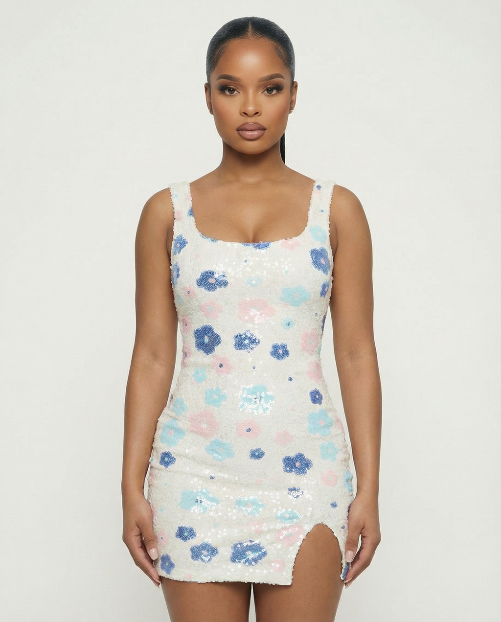 EVYRA Floral Print Sequin Slit Mini Dress