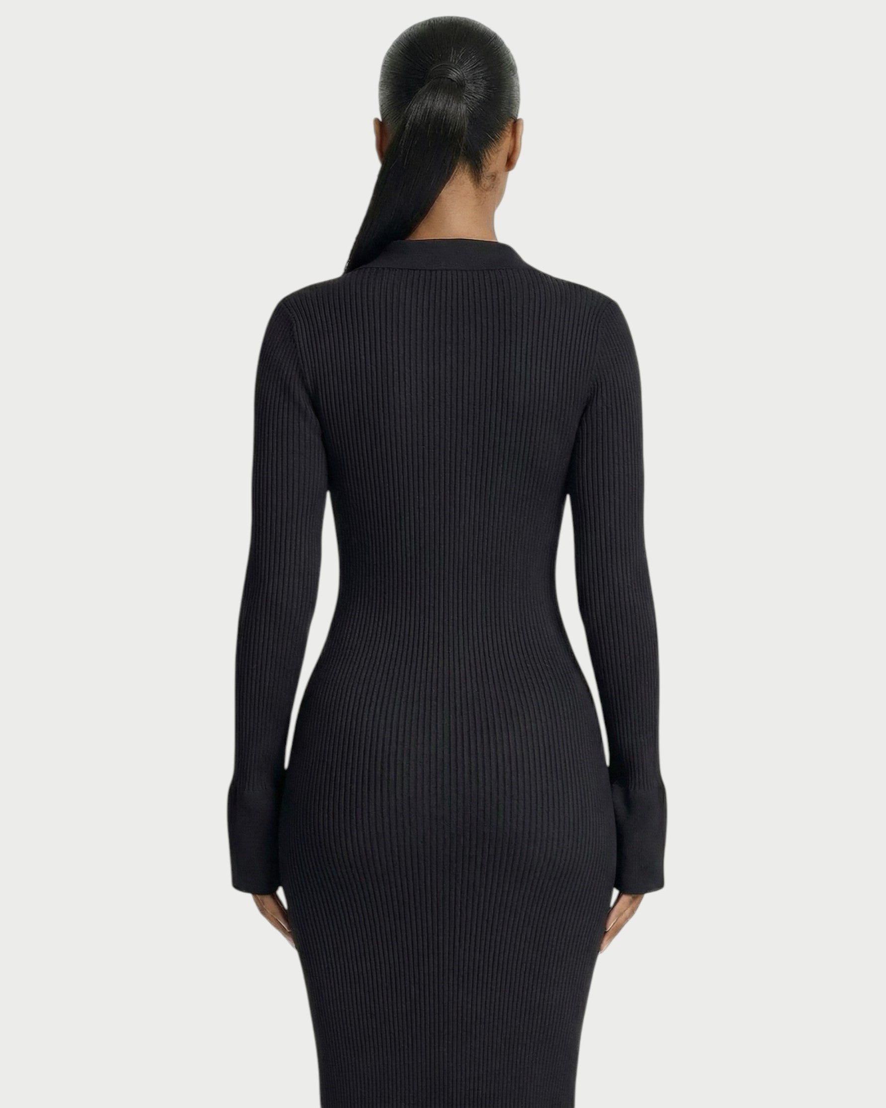 ELYSIA Ribbed Knit Collared Midi Dress