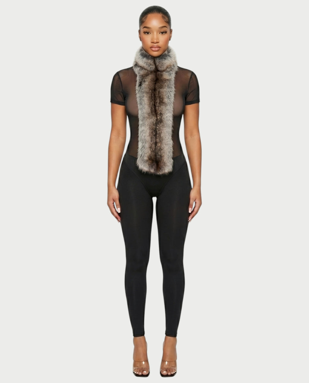 BECCA Sheer Mesh Fur Trim Bodysuit
