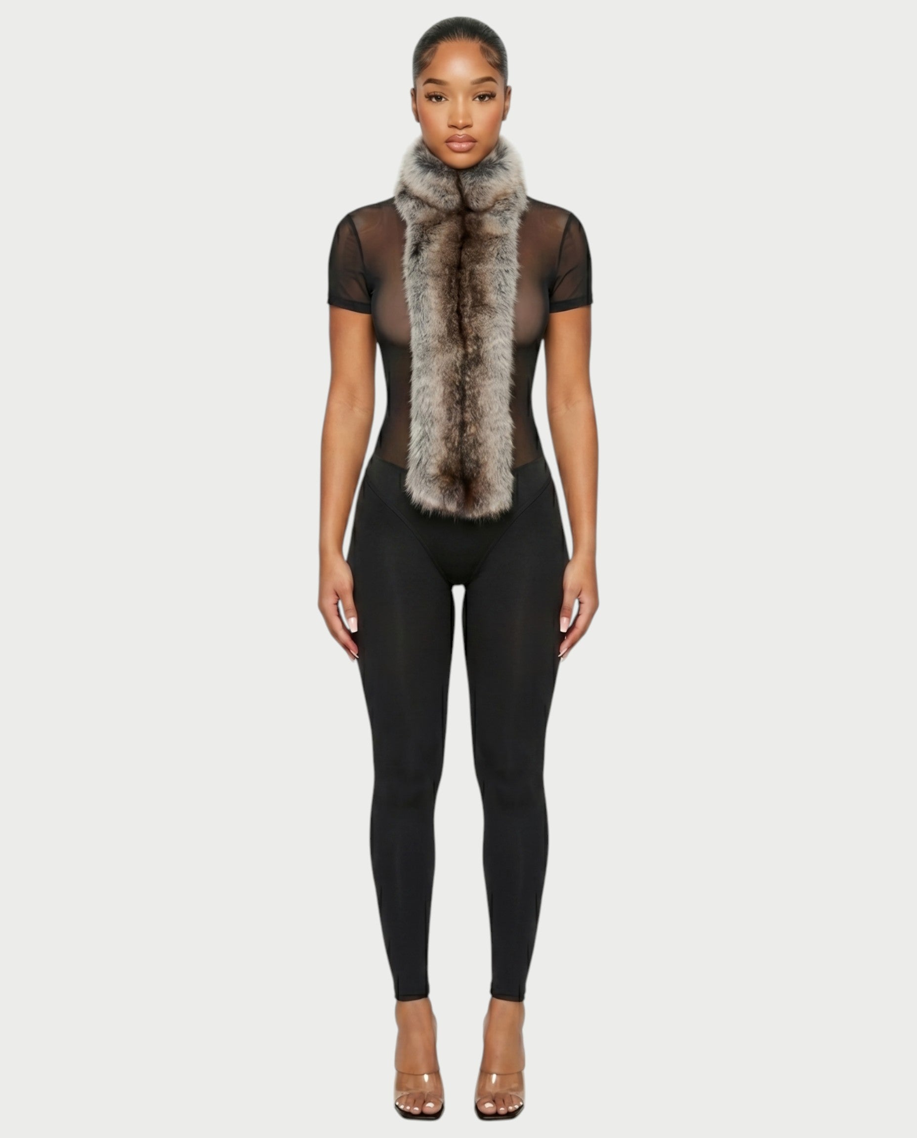 BECCA Sheer Mesh Fur Trim Bodysuit