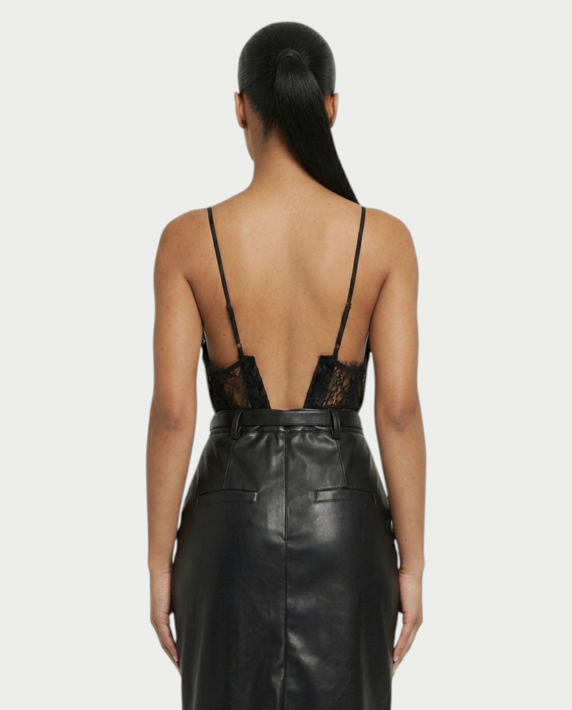 VANGE Lace Camisole & Belted Faux Leather Midi Skirt Set