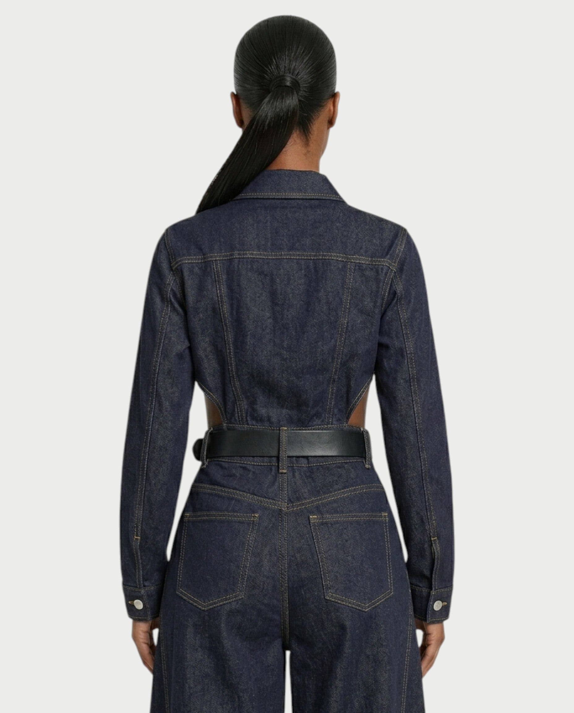 OFELIA Denim Belted Jacket & Wide-Leg Pants Set