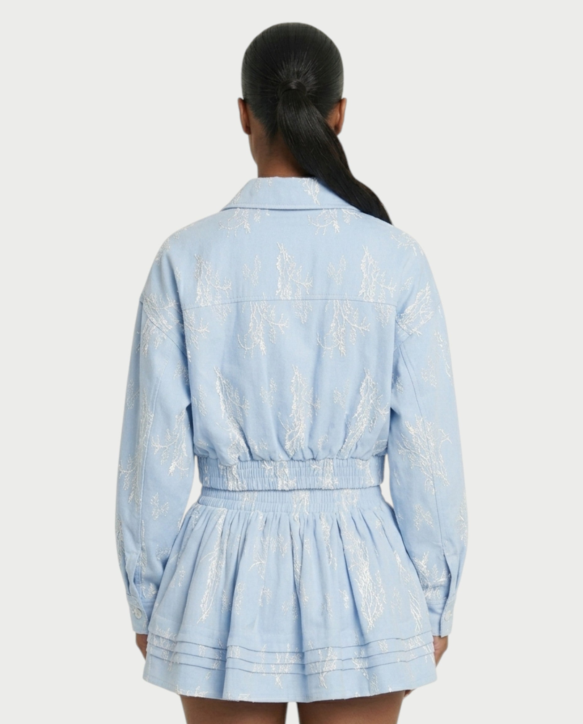 VETTE Ruffled Lace Zip-Up Jacket & Mini Skirt Set