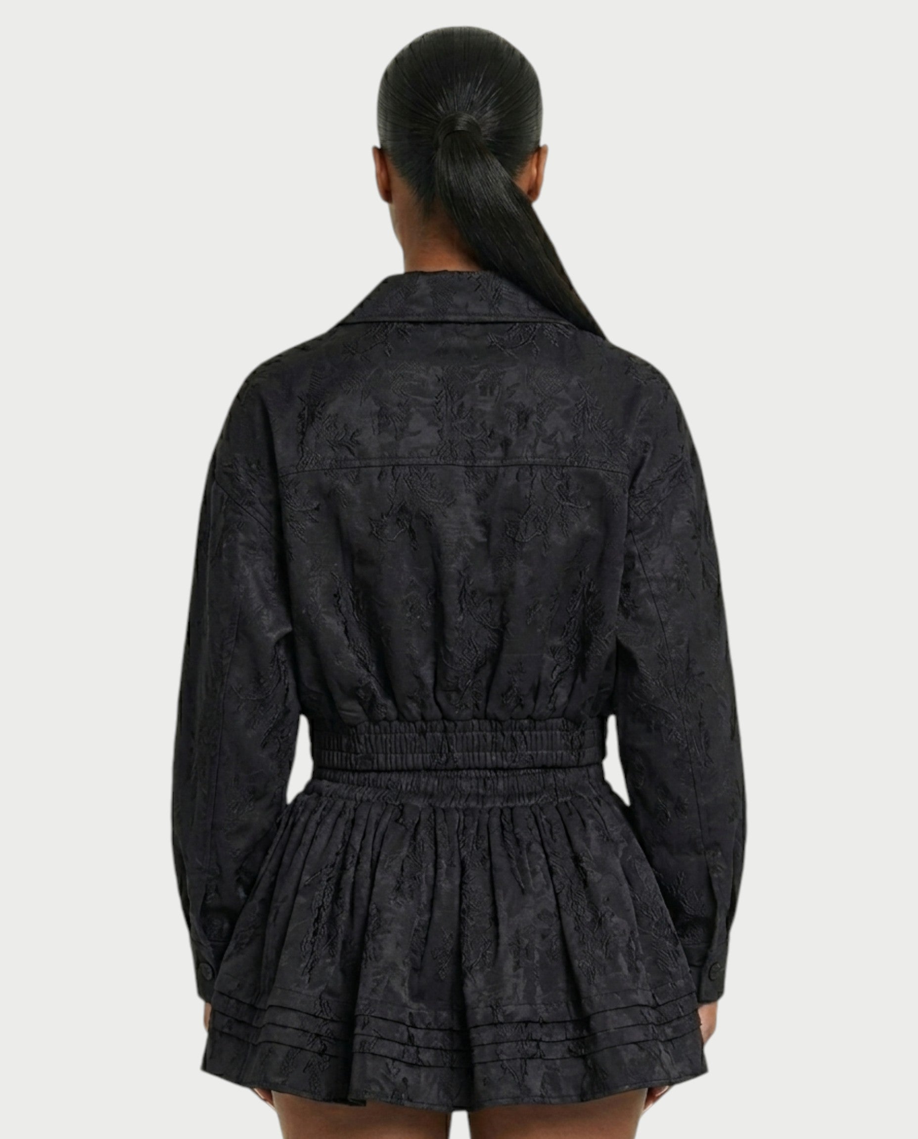 VETTE Ruffled Lace Zip-Up Jacket & Mini Skirt Set
