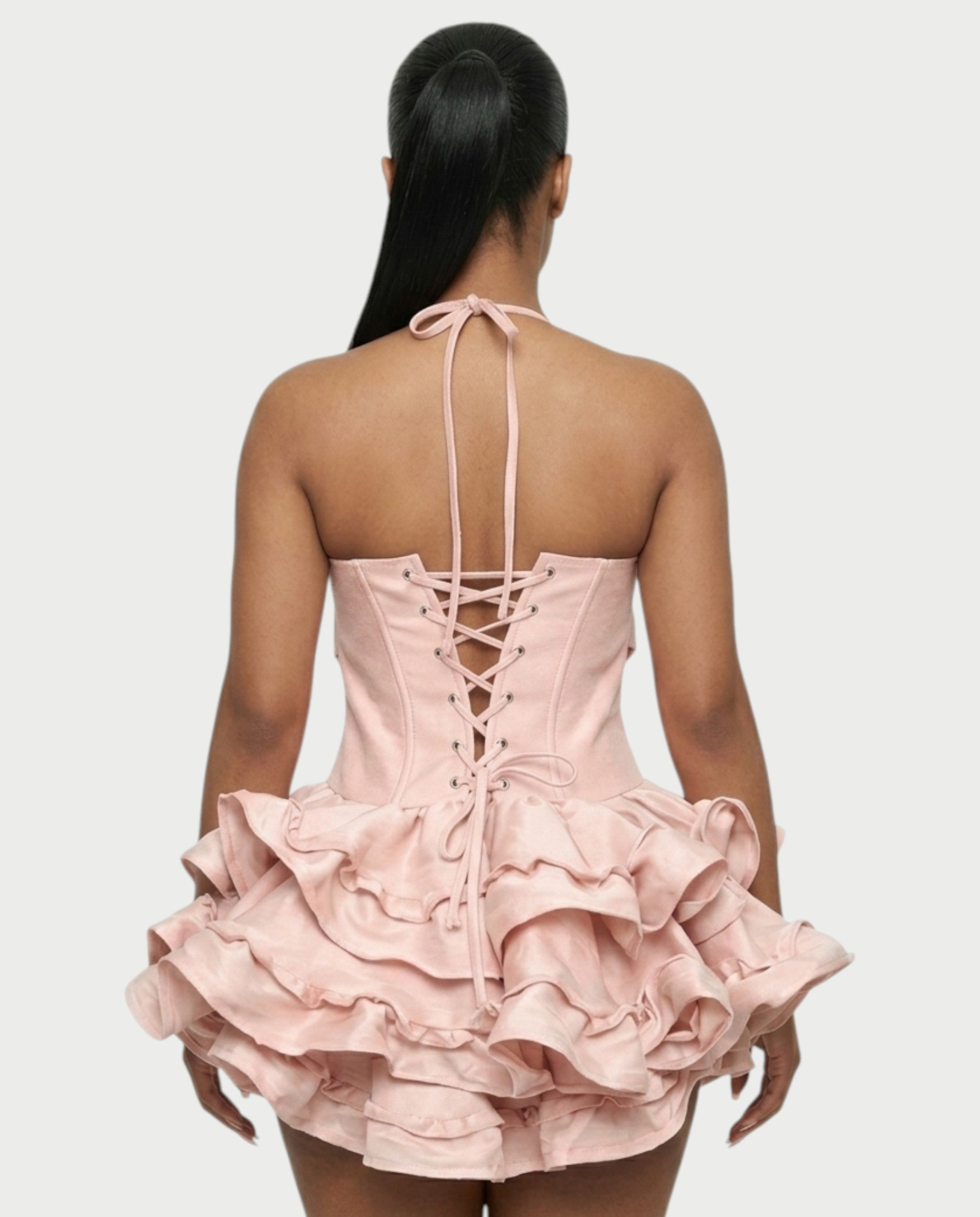 HELSA Halter Bow-Detail Corset Ruffle Mini Dress