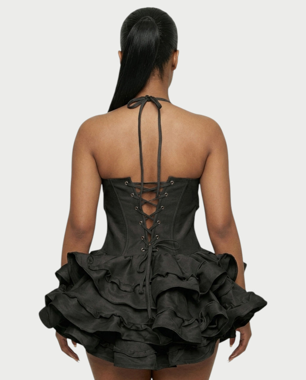HELSA Halter Bow-Detail Corset Ruffle Mini Dress