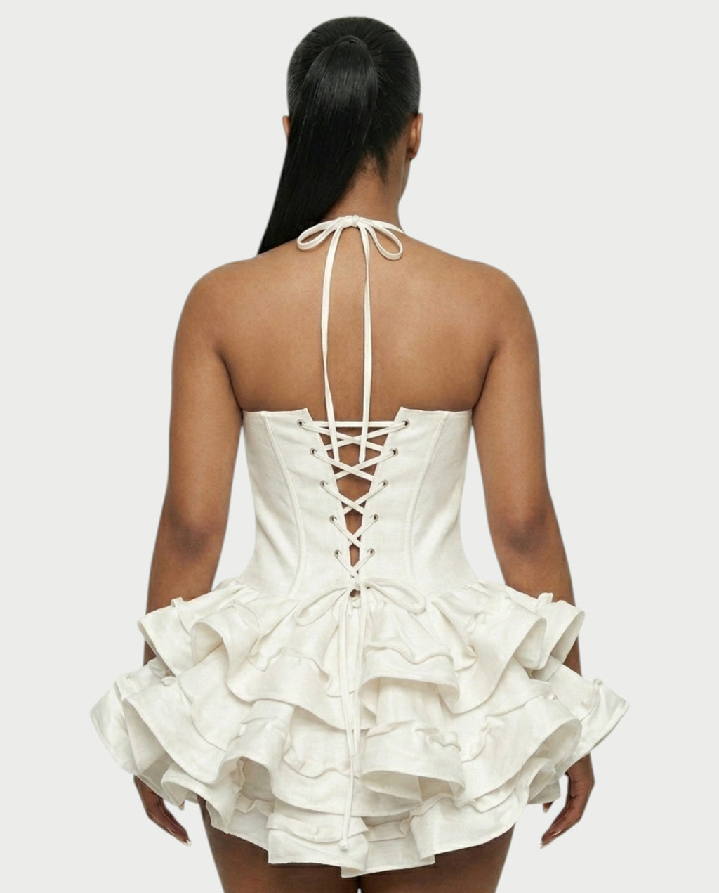 HELSA Halter Bow-Detail Corset Ruffle Mini Dress