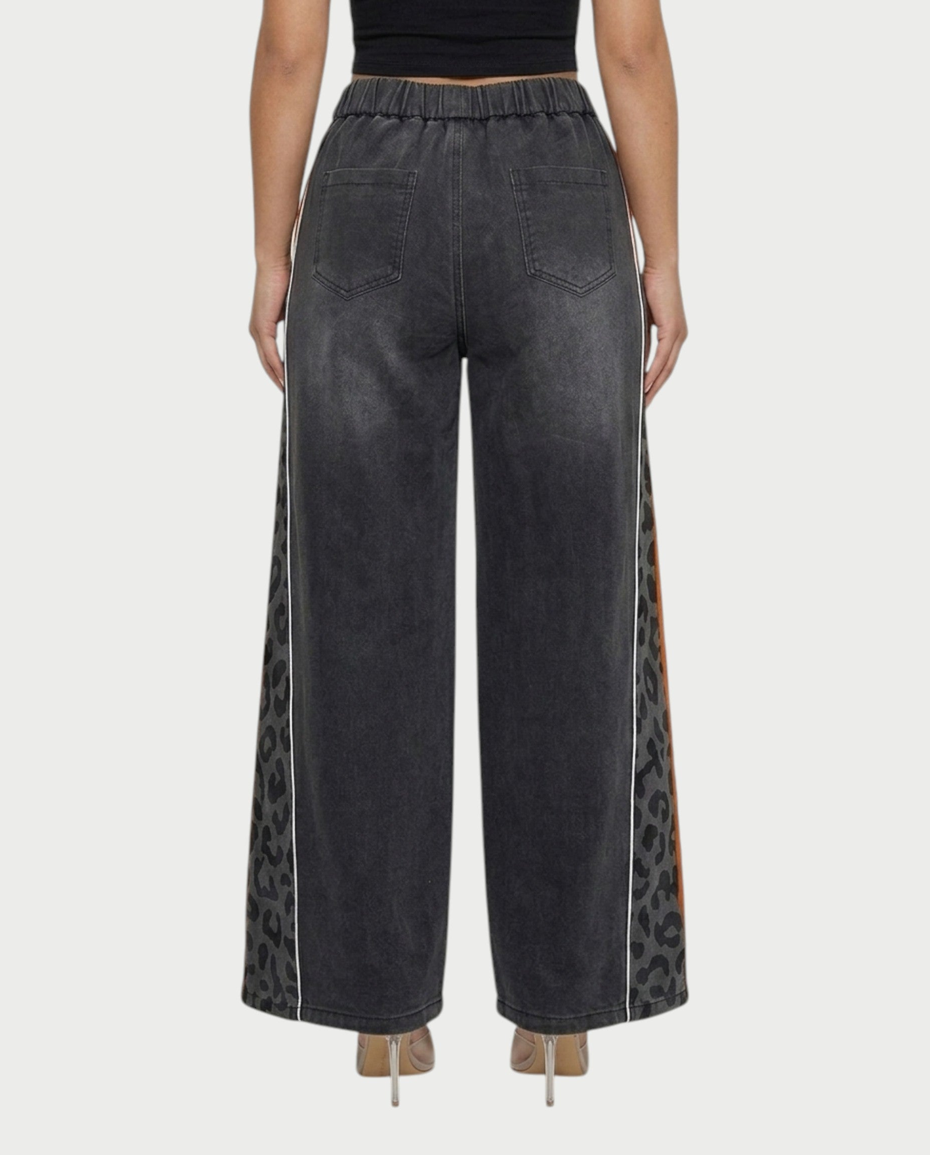 DINES Leopard-Panel Wide-Leg Denim Pants