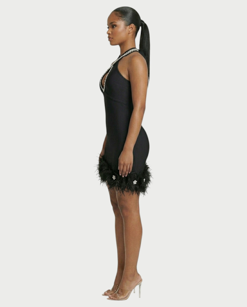 QUENCY Crystal Halter Feather Trim Mini Dress