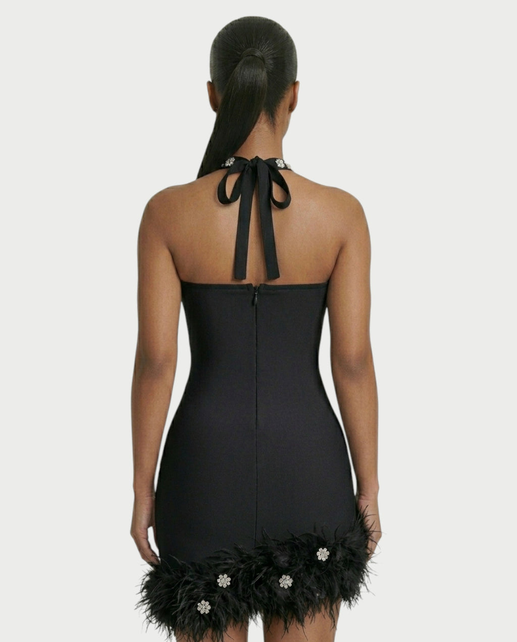 QUENCY Crystal Halter Feather Trim Mini Dress