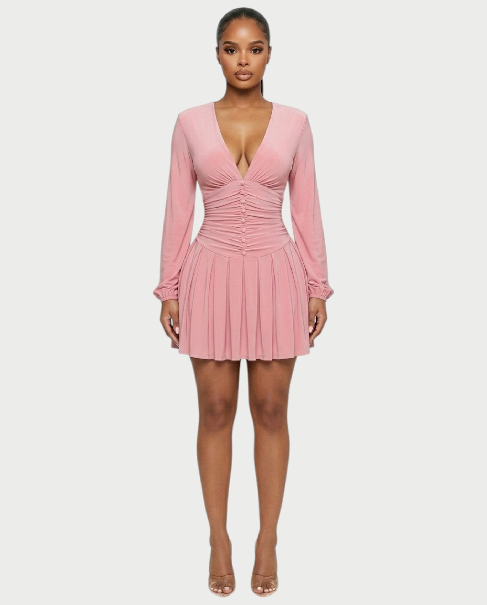 VINNA Ruched Waist-cinching Pleated Mini Dress