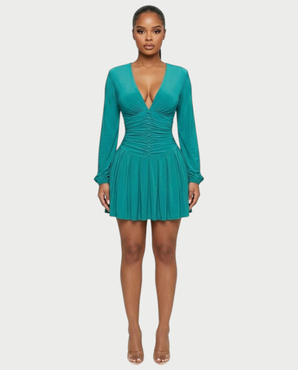 VINNA Ruched Waist-cinching Pleated Mini Dress