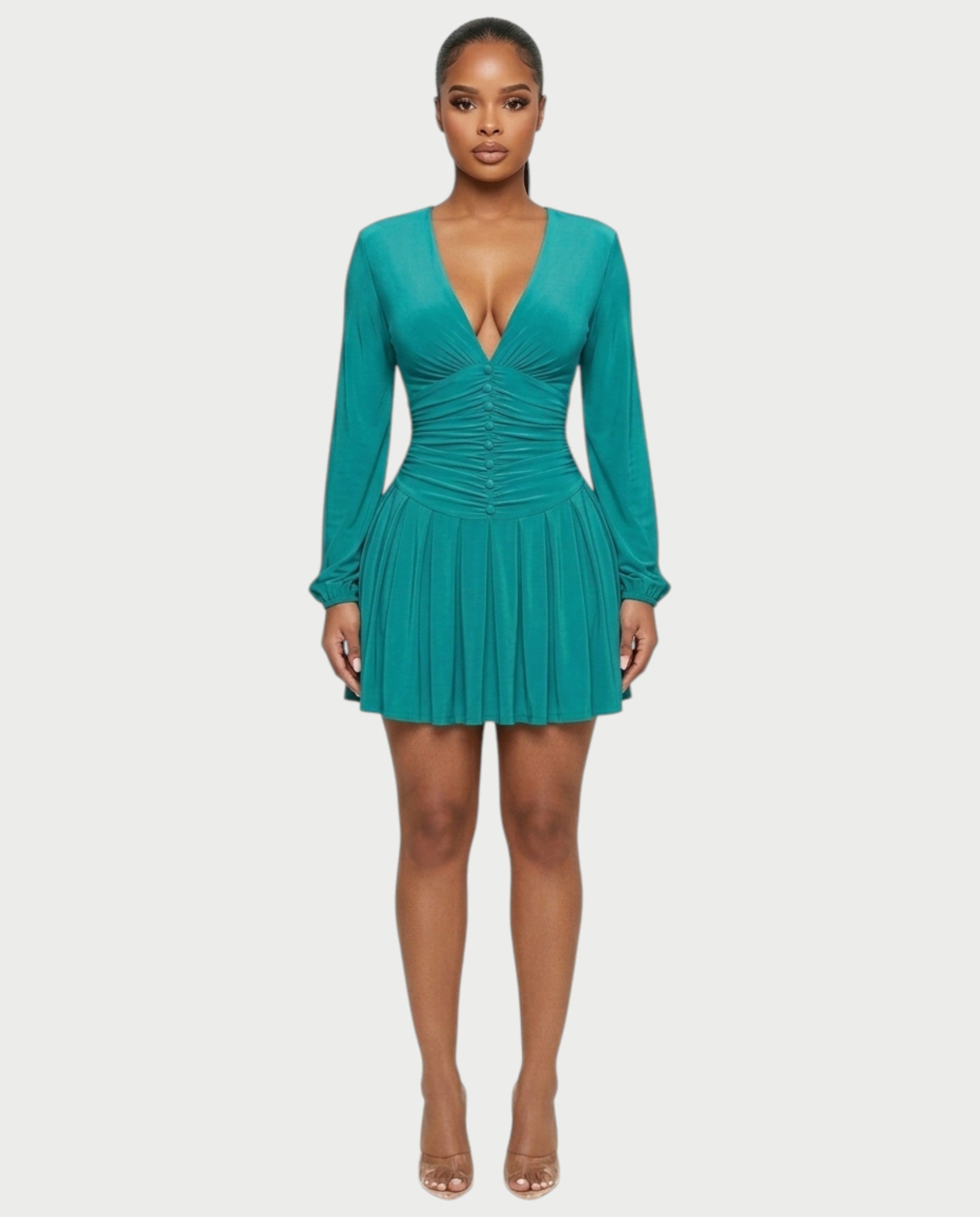 VINNA Ruched Waist-cinching Pleated Mini Dress