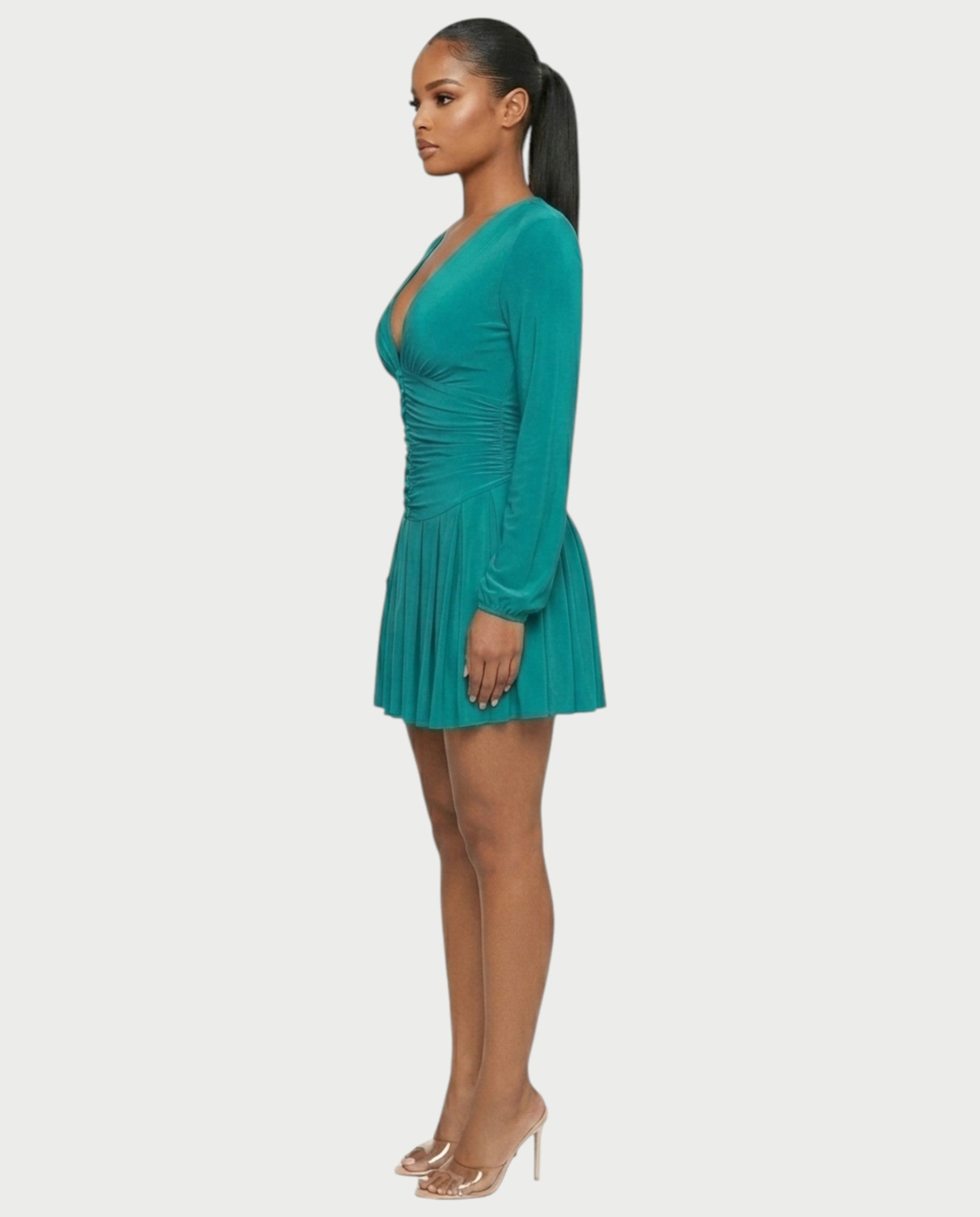 VINNA Ruched Waist-cinching Pleated Mini Dress