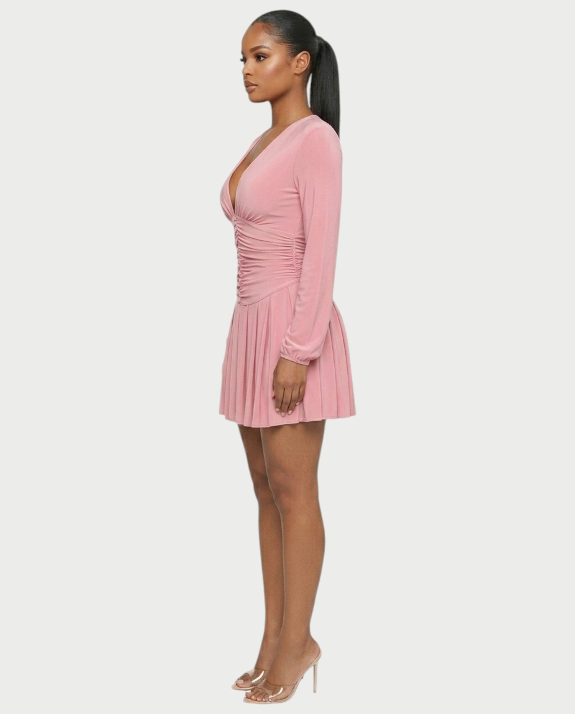 VINNA Ruched Waist-cinching Pleated Mini Dress