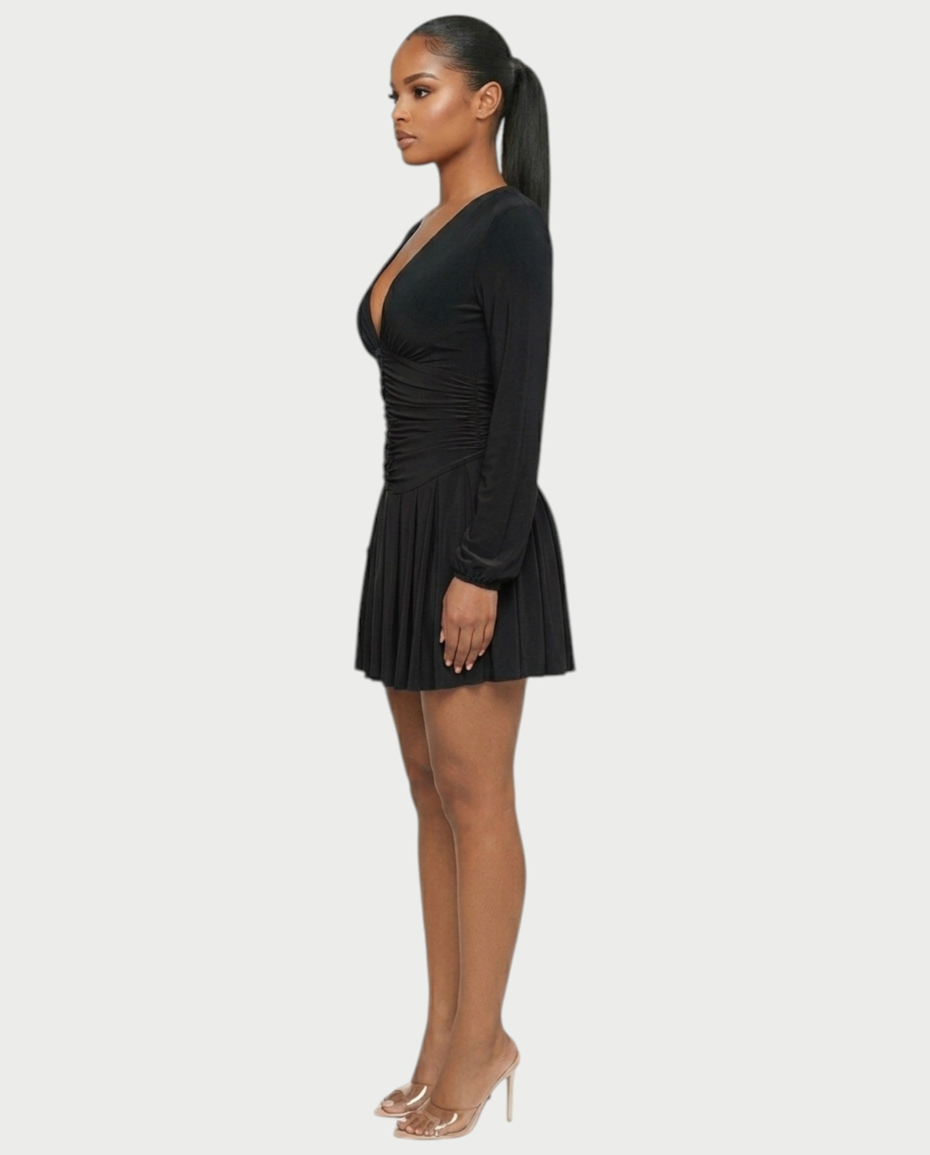 VINNA Ruched Waist-cinching Pleated Mini Dress