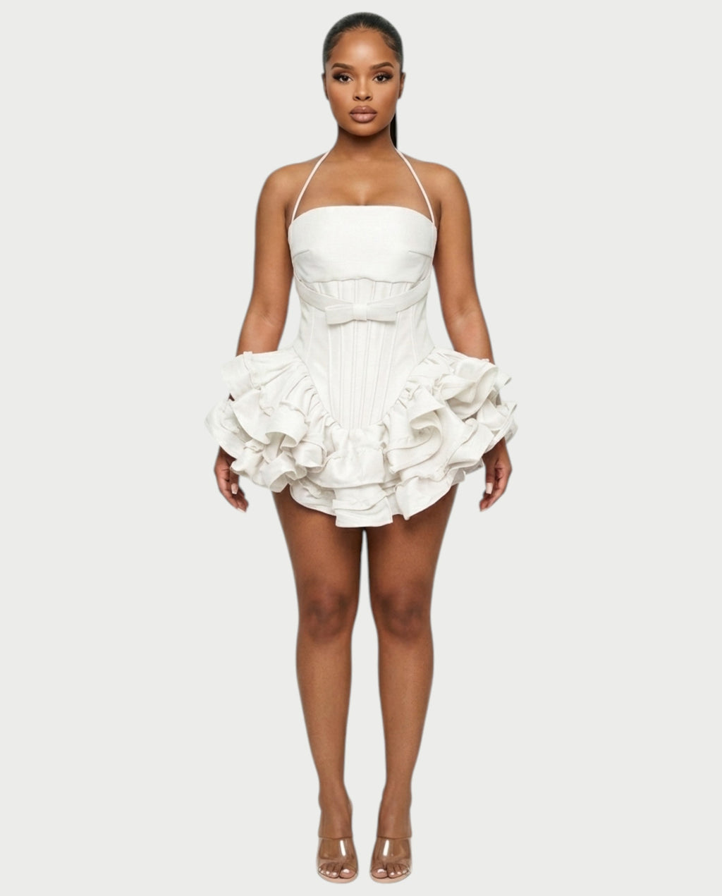 HELSA Halter Bow-Detail Corset Ruffle Mini Dress