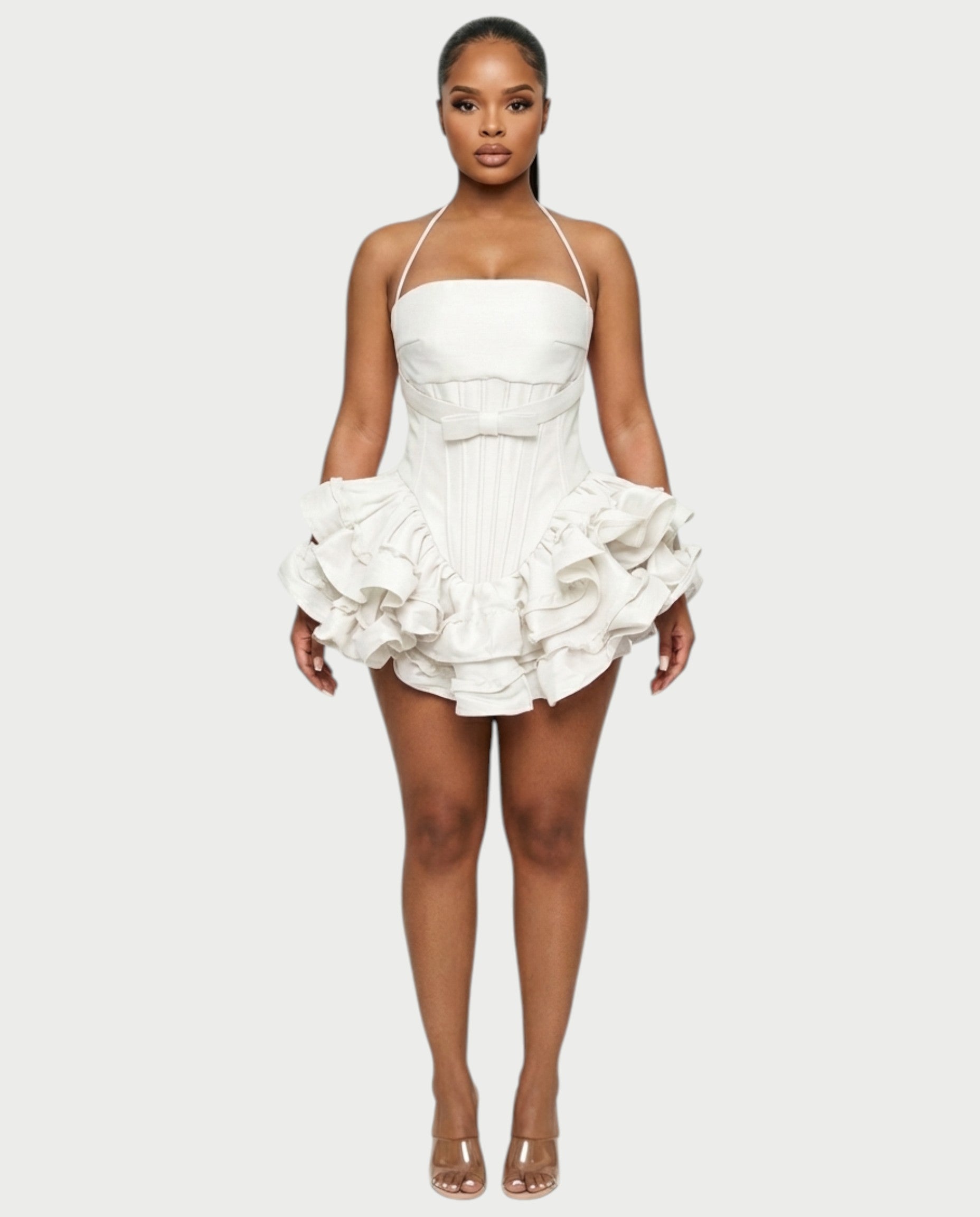 HELSA Halter Bow-Detail Corset Ruffle Mini Dress