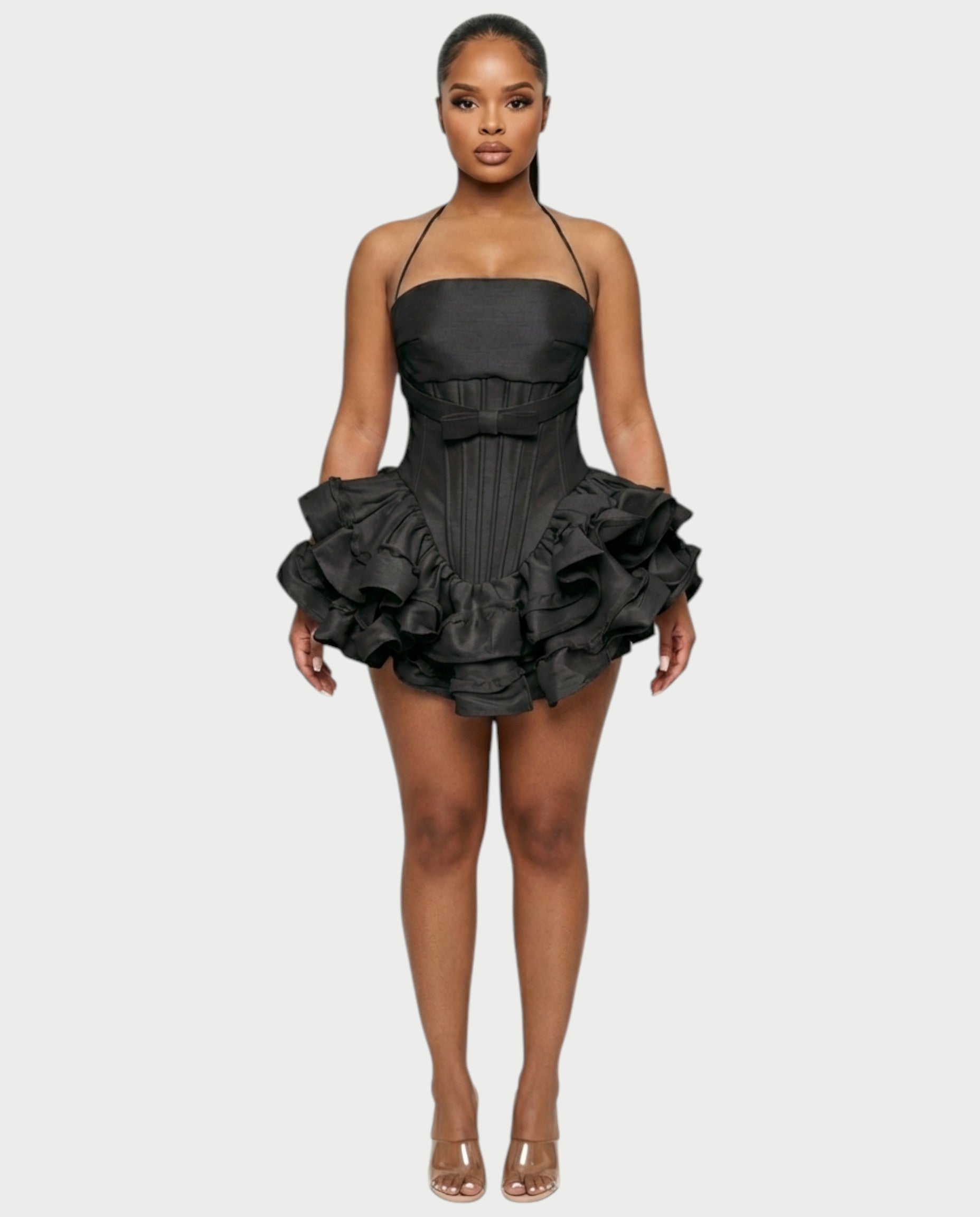 HELSA Halter Bow-Detail Corset Ruffle Mini Dress