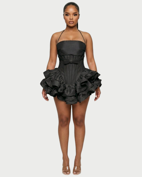 HELSA Halter Bow-Detail Corset Ruffle Mini Dress