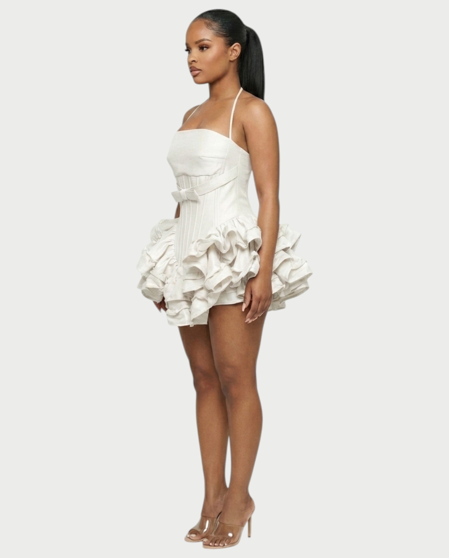 HELSA Halter Bow-Detail Corset Ruffle Mini Dress