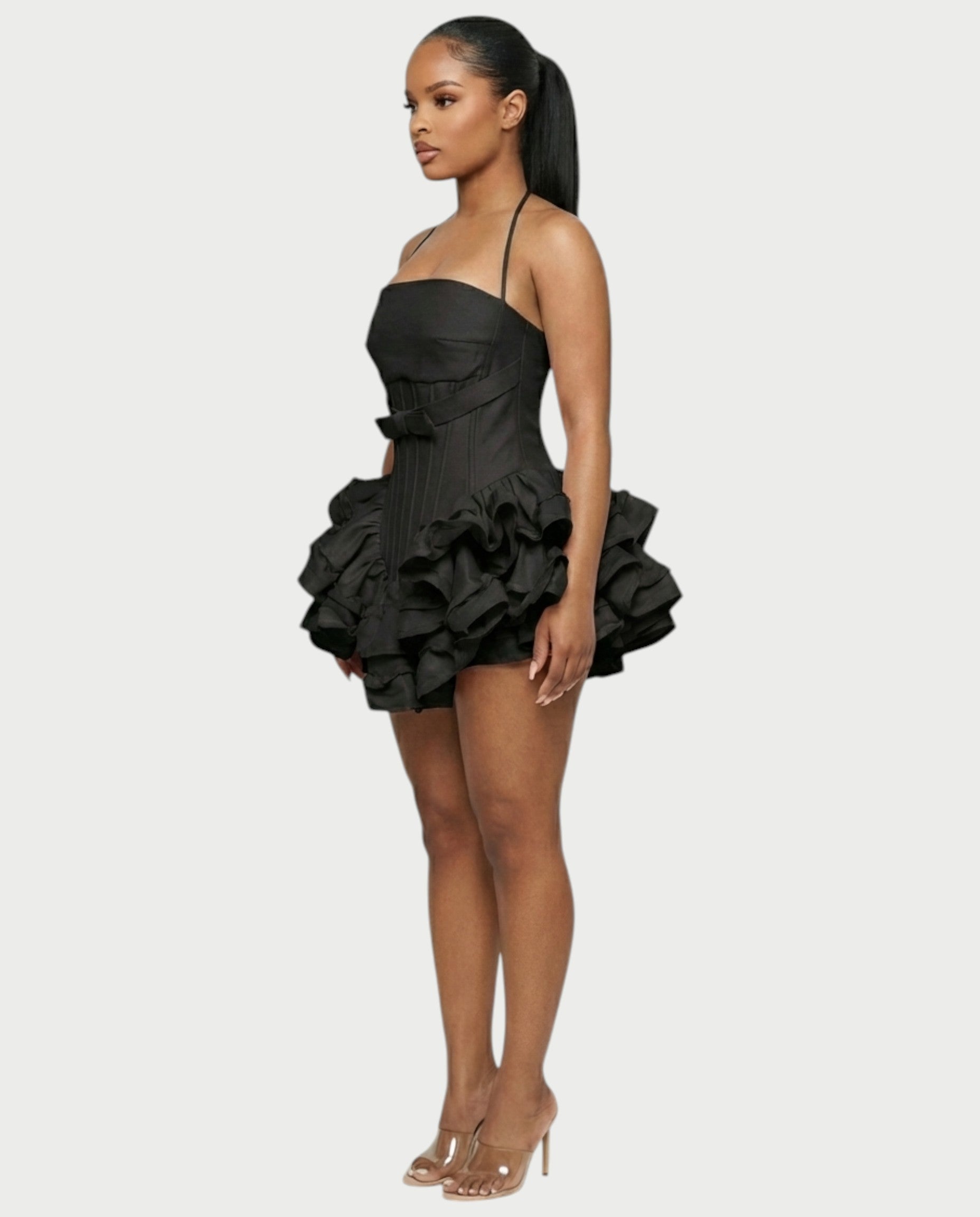 HELSA Halter Bow-Detail Corset Ruffle Mini Dress