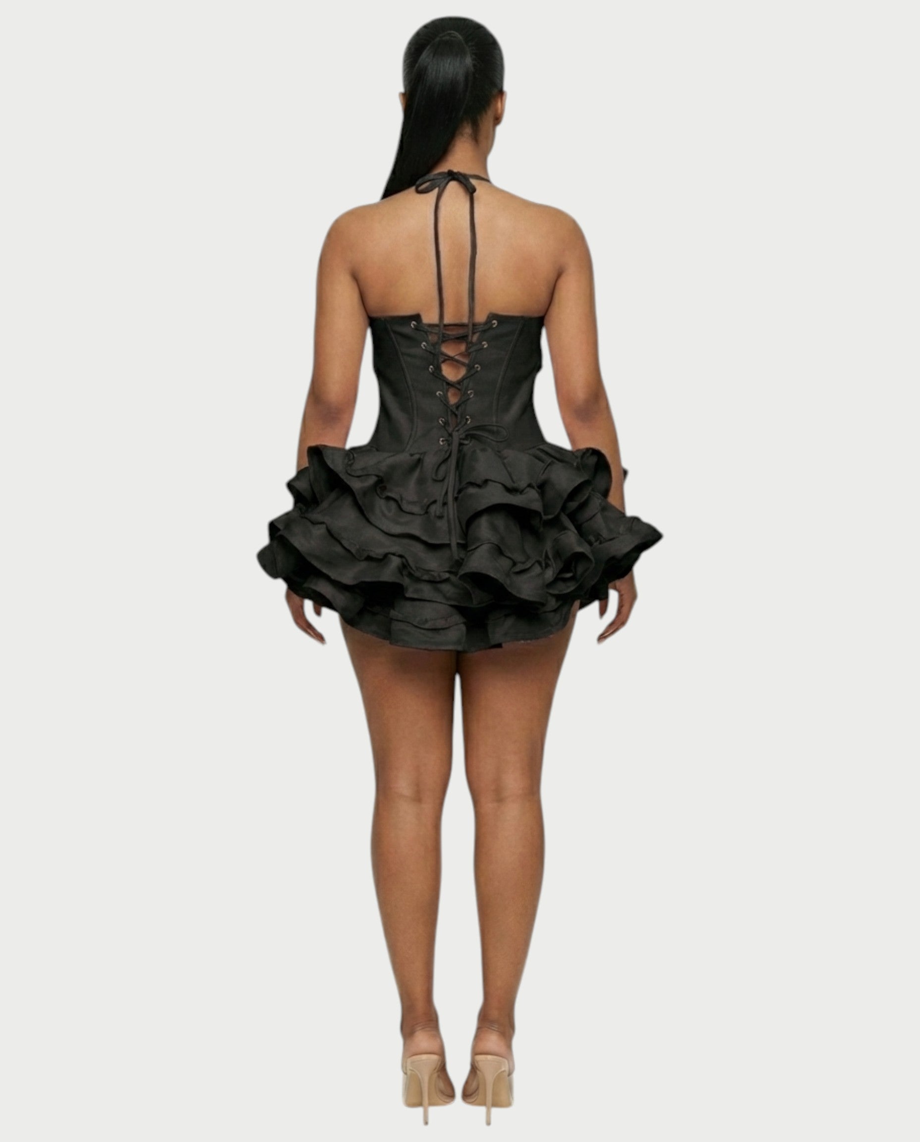 HELSA Halter Bow-Detail Corset Ruffle Mini Dress