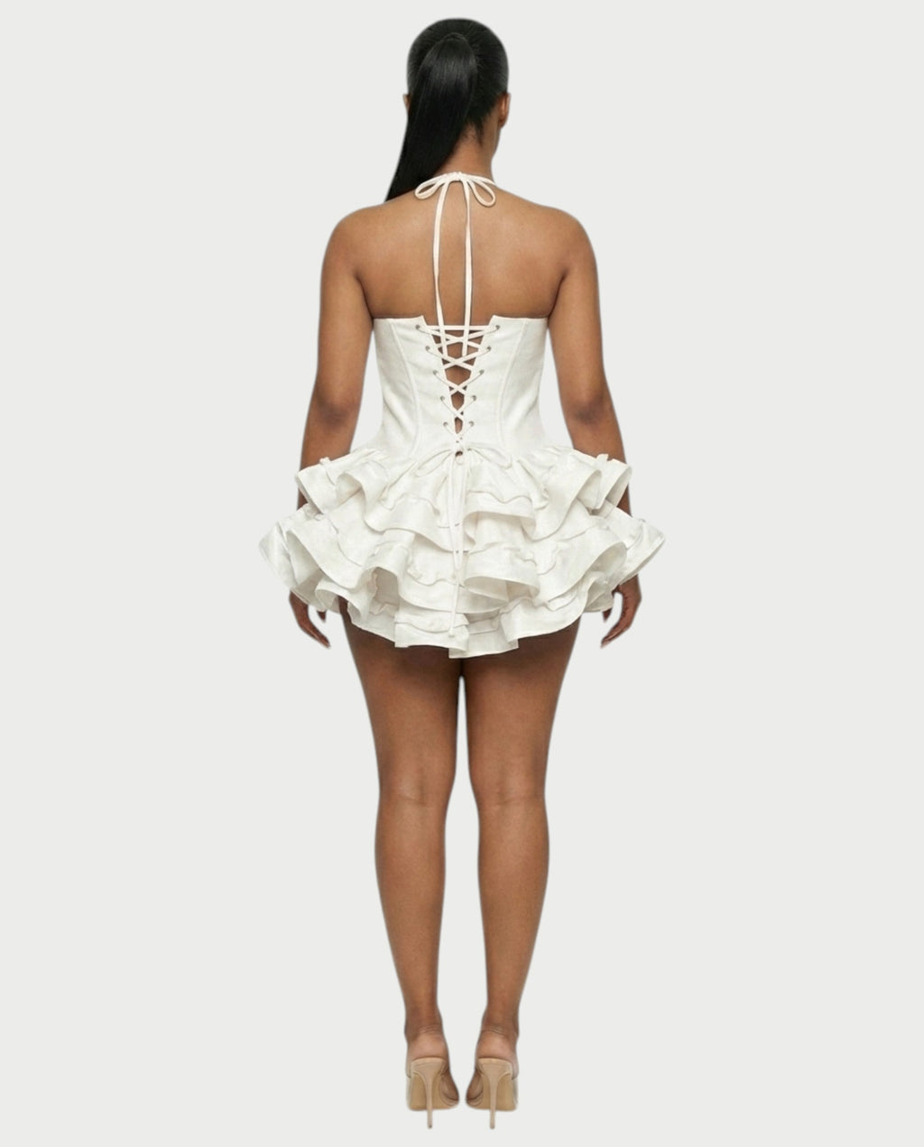 HELSA Halter Bow-Detail Corset Ruffle Mini Dress