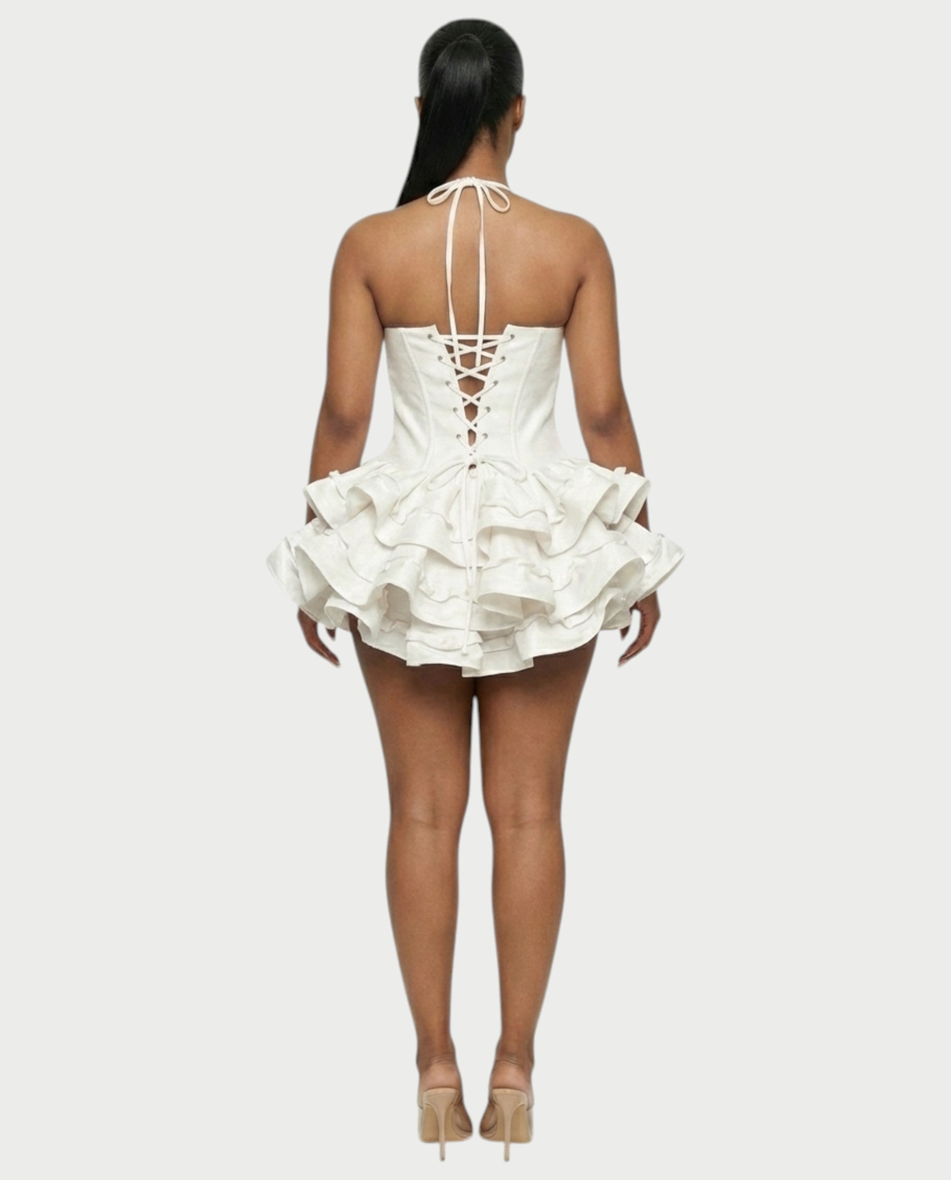HELSA Halter Bow-Detail Corset Ruffle Mini Dress